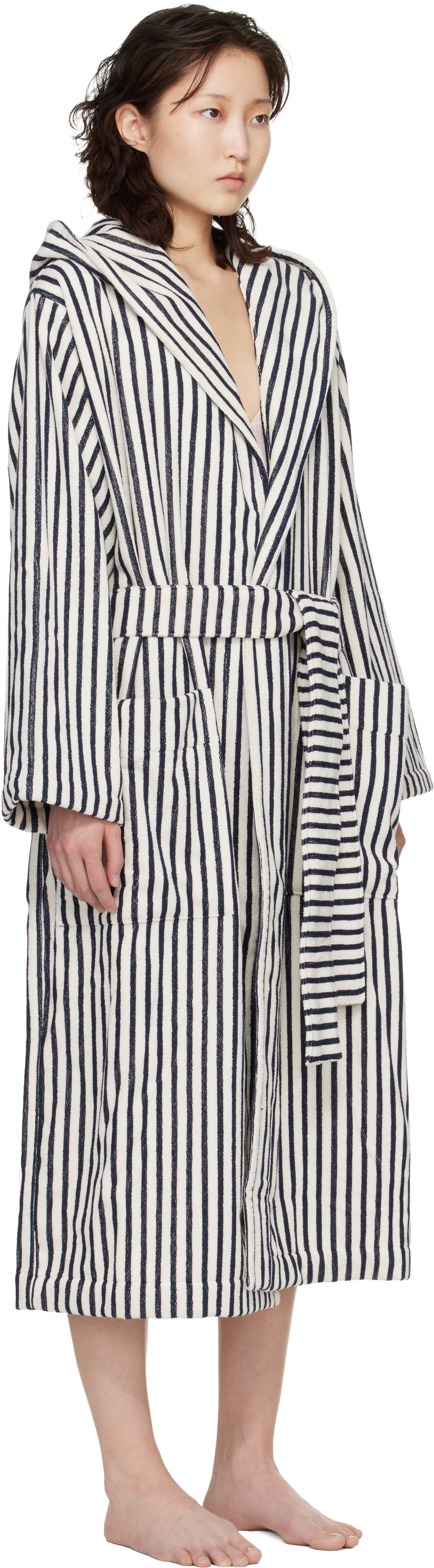 White & Navy Terry Hooded Bathrobe