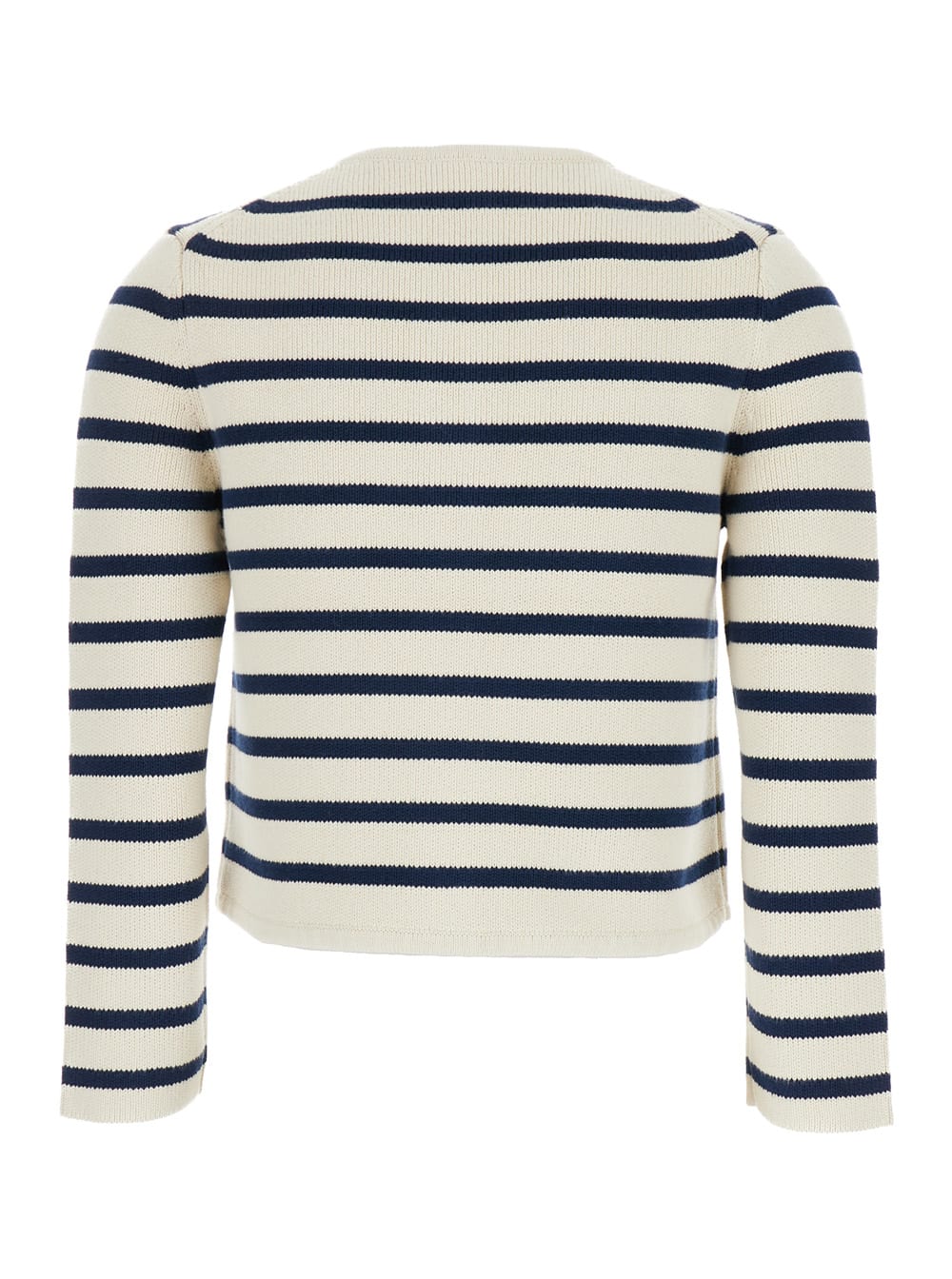 White Crewneck Sriped Cardigan In Cotton Woman