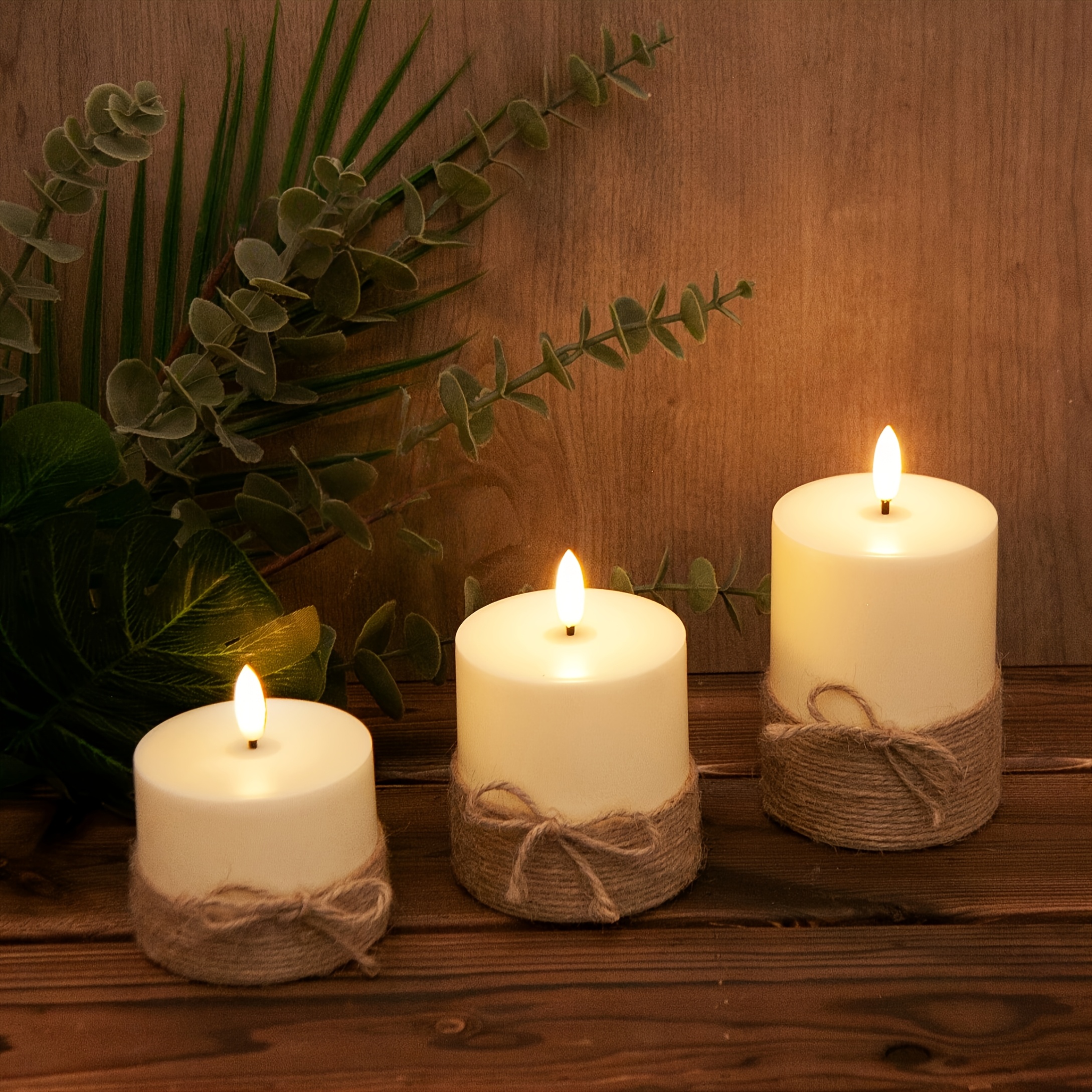 TEMU Flameless Candle Lights With Remote Control Timer - 3d Flickering Hemp Rope Led Candles 3pcs Set, Battery Powered, Suitable For