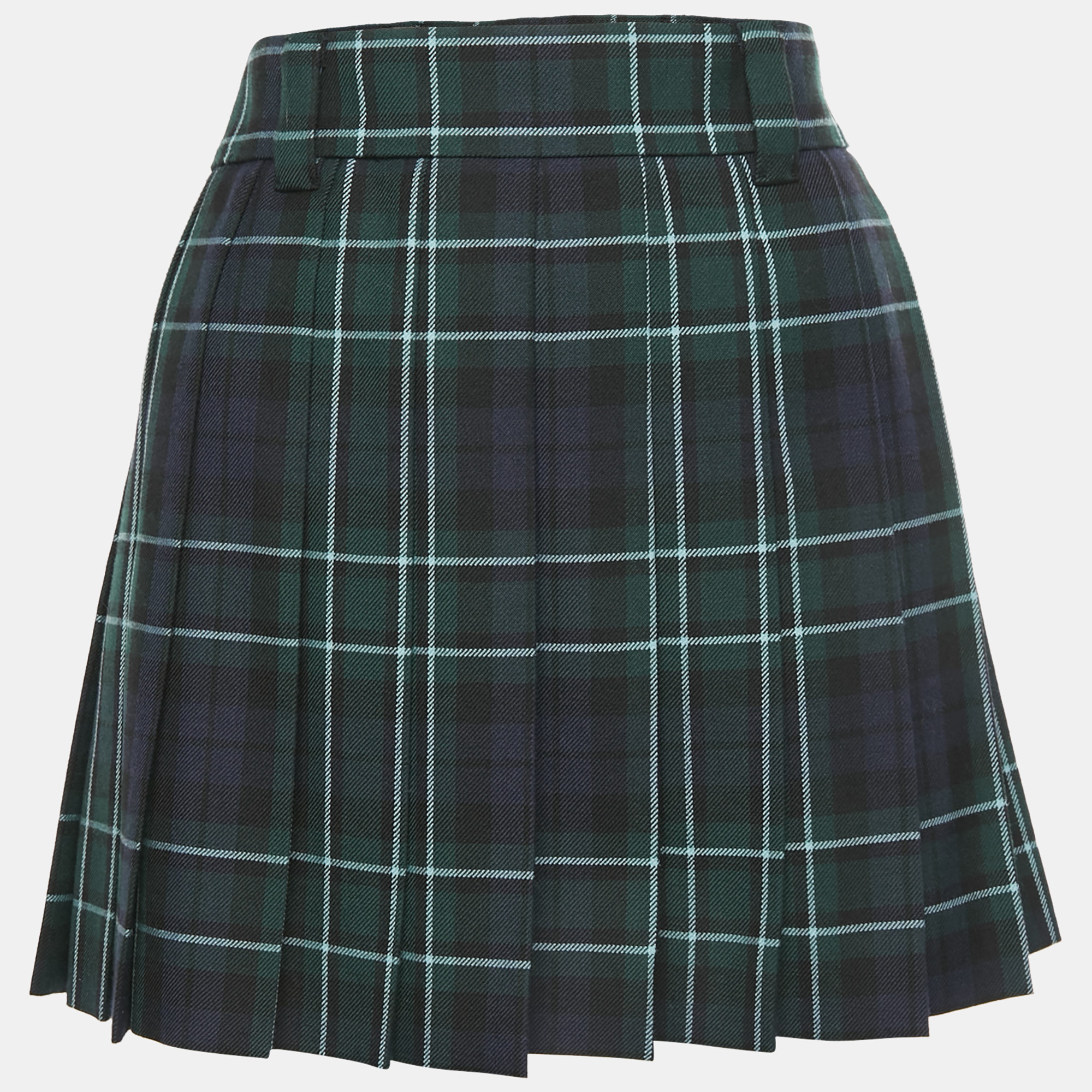 Miu Miu Green Tartan Check Pleated Wool Mini Skirt