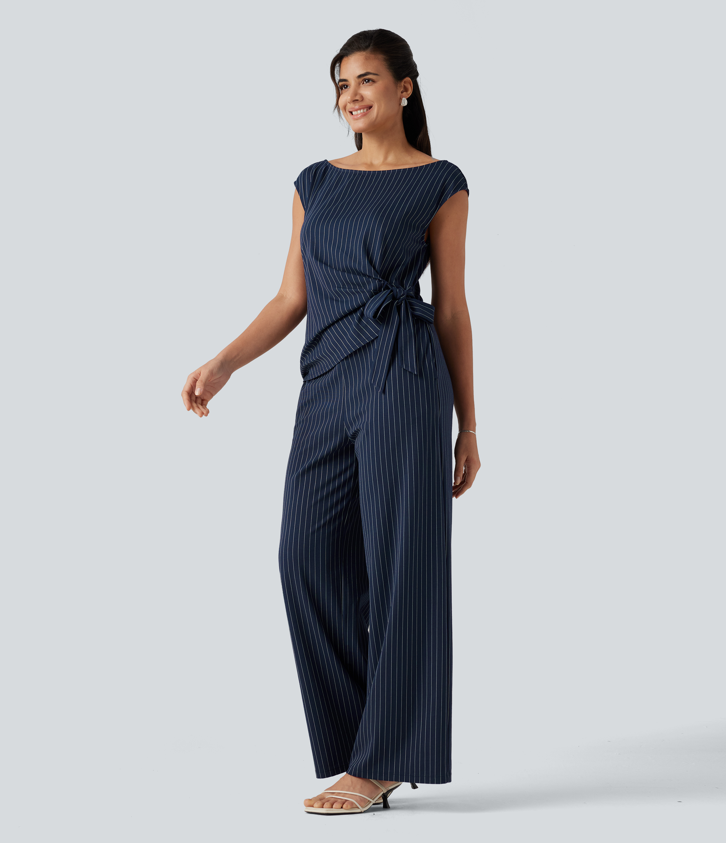 Boat Neck Sleeveless Tie Side Cool Touch Stripe Work Jumpsuit with Pockets-Easy Peezy Edition  - Navy Pinstripe