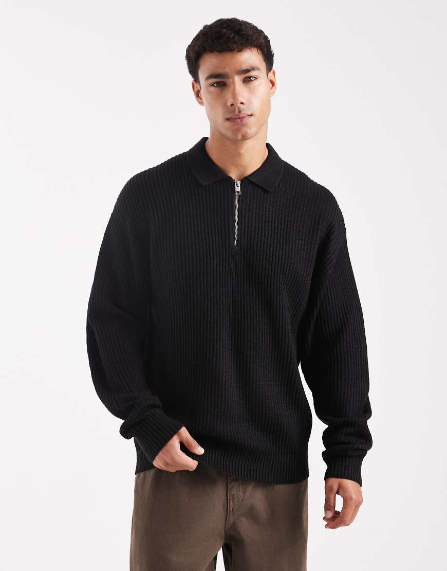 Oversize knit polo in black