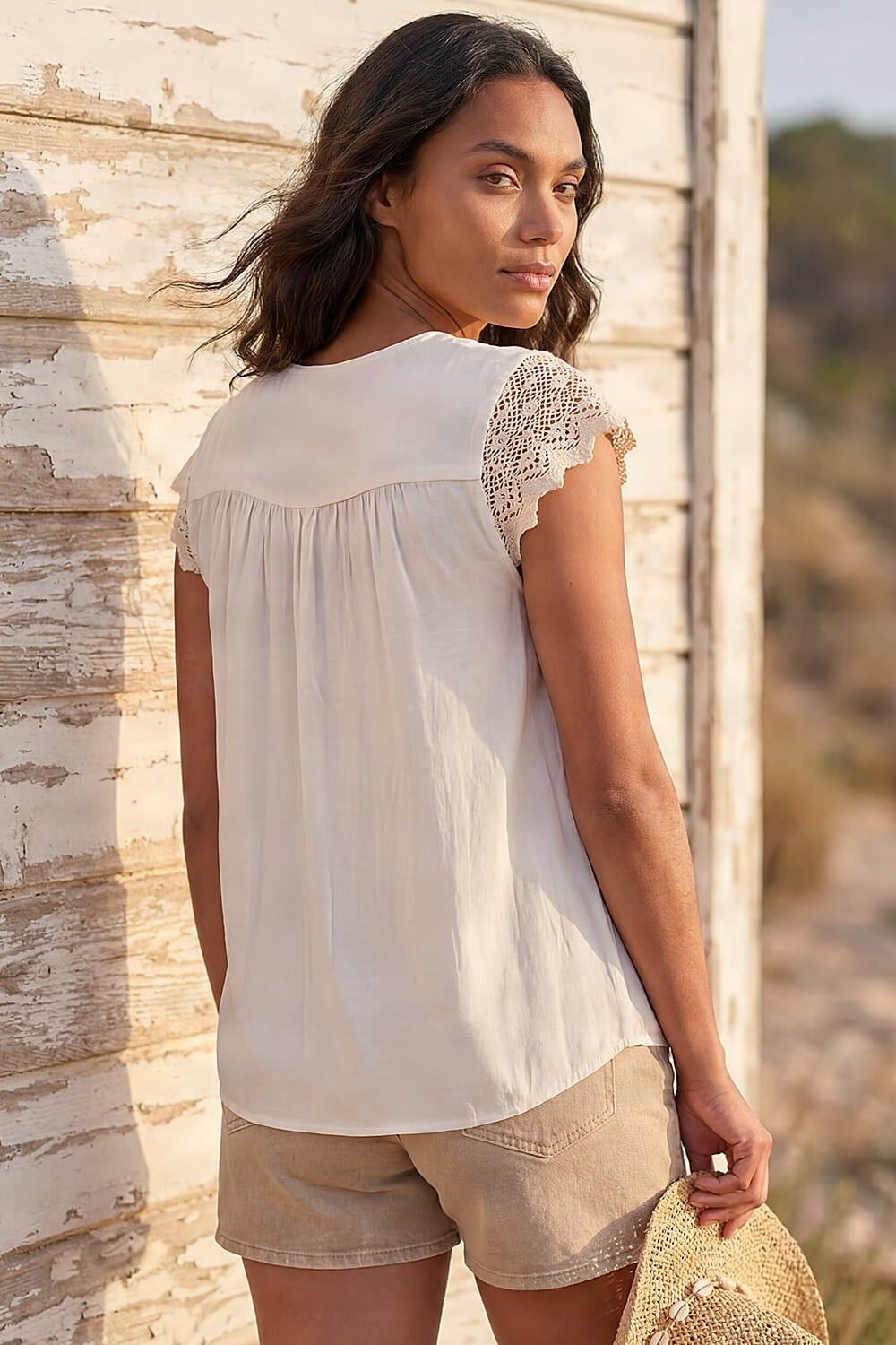 Roman Women's Satin Crochet Tie Front Tunic Top in Crea