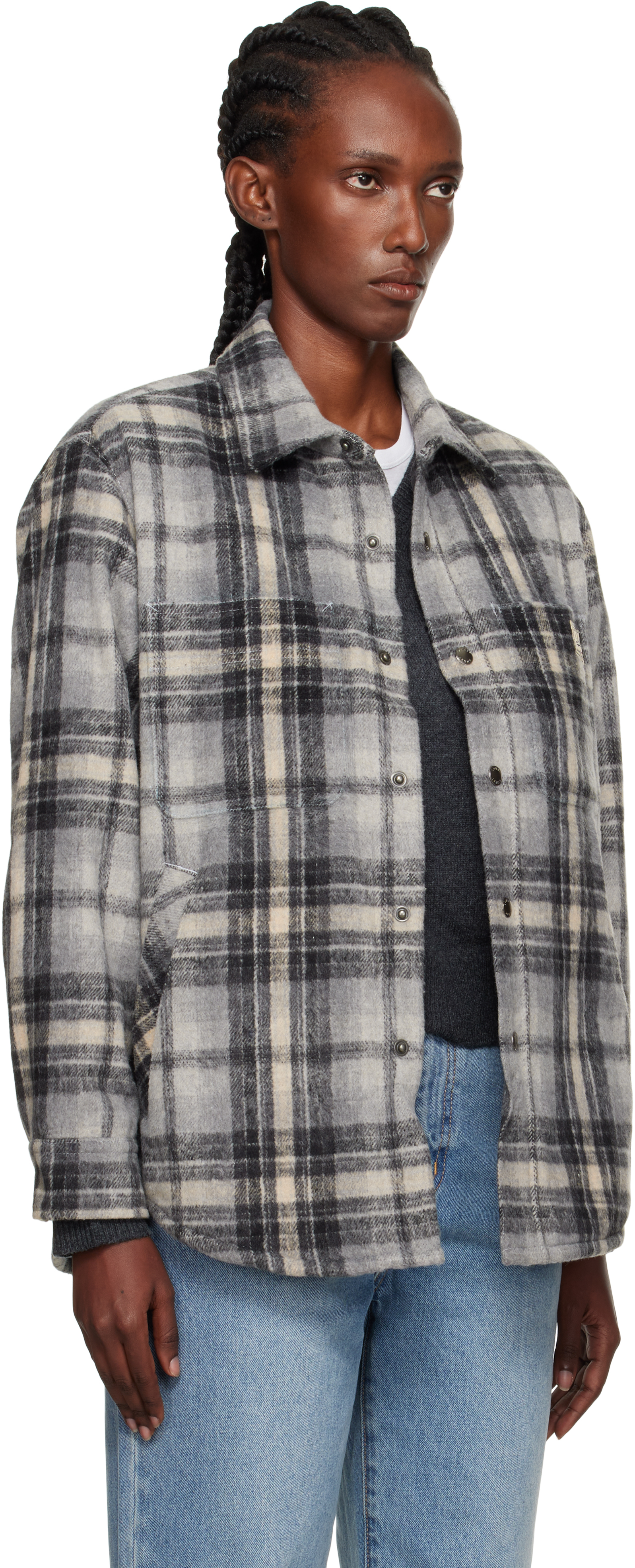 Gray Quilted Check Flannel Overshirt