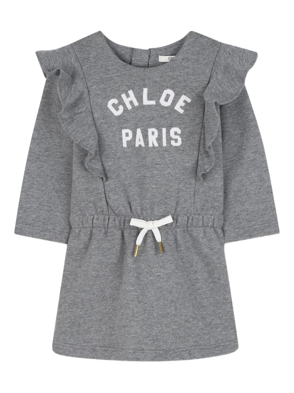 Chloé Kids' Logo Appliqué Dress with Drawstring Tail and Flounces