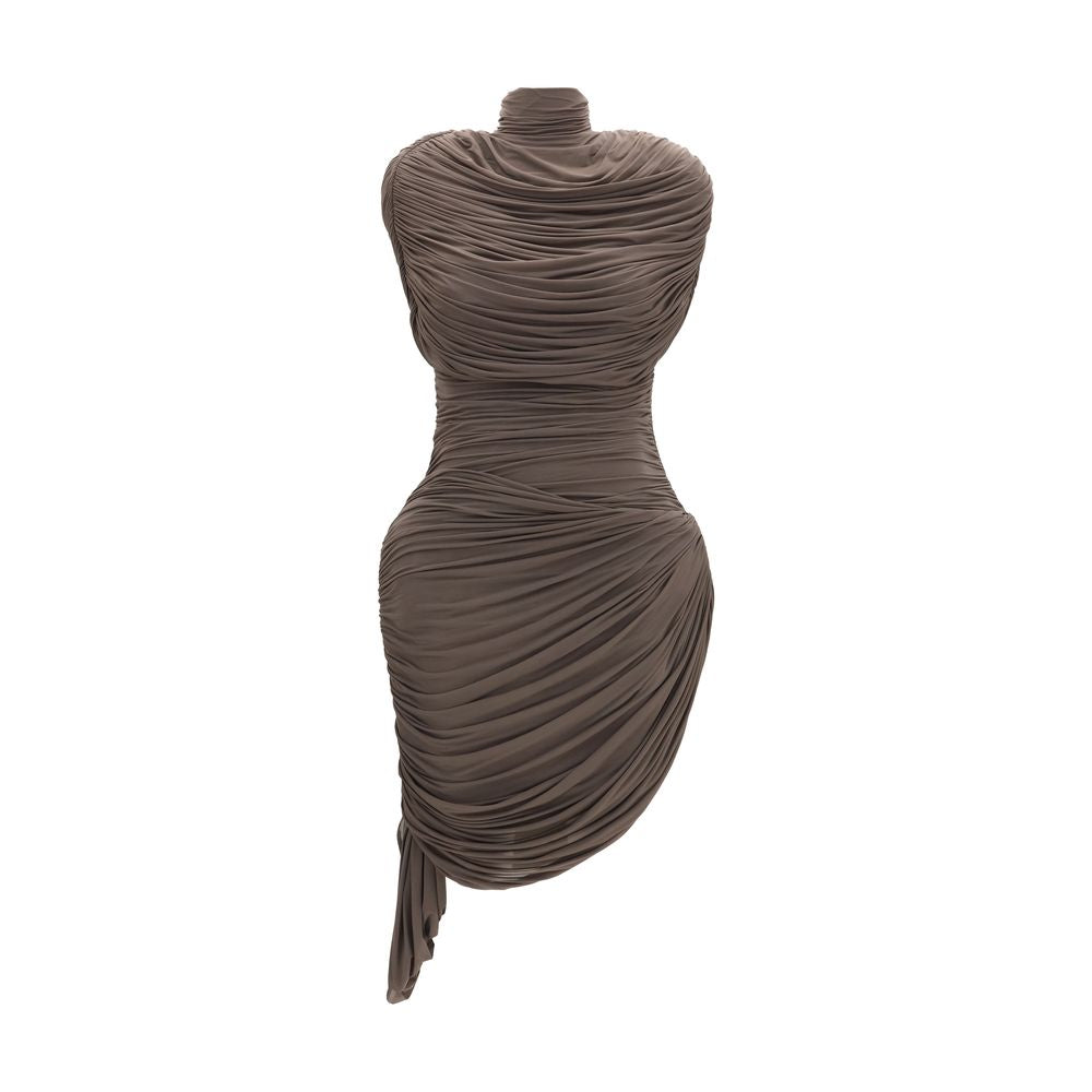 Sculptural Draped High-Neck Dress — Brown