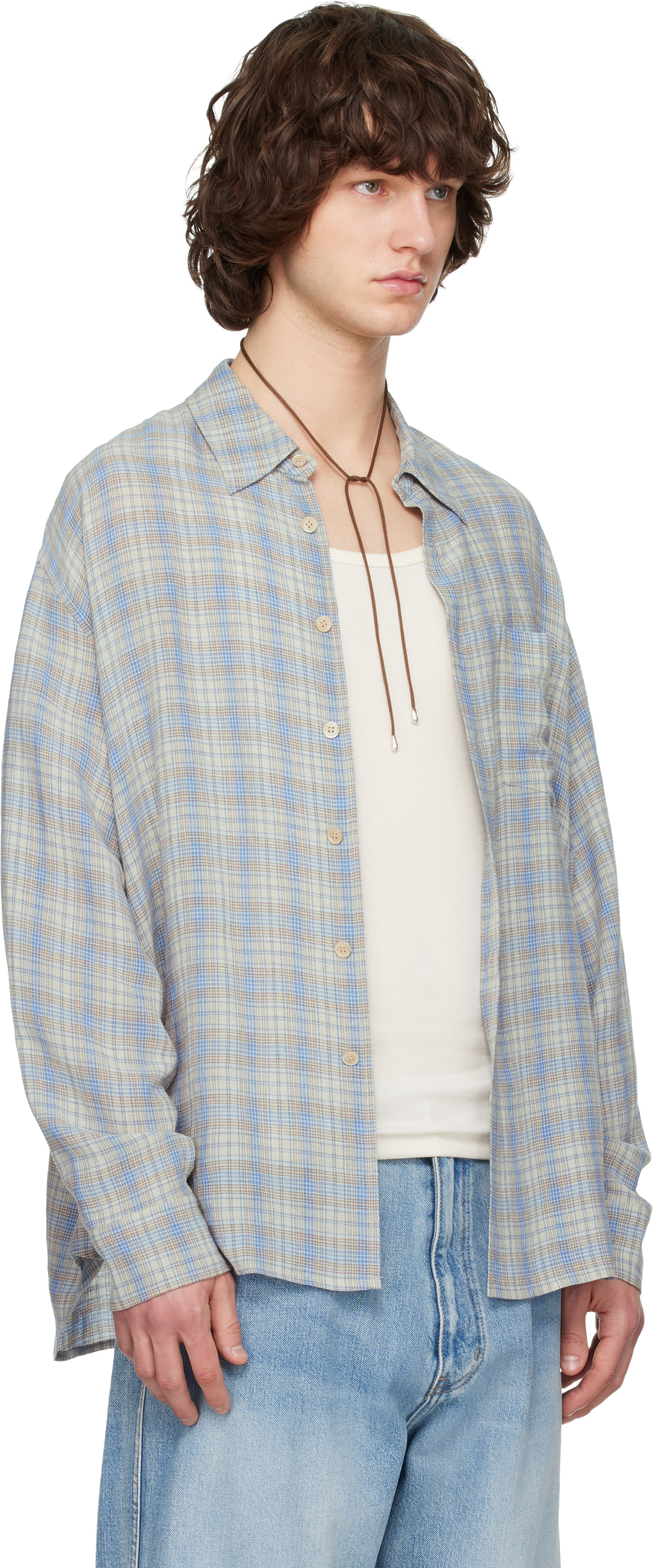Blue Viscose Linen Check Shirt