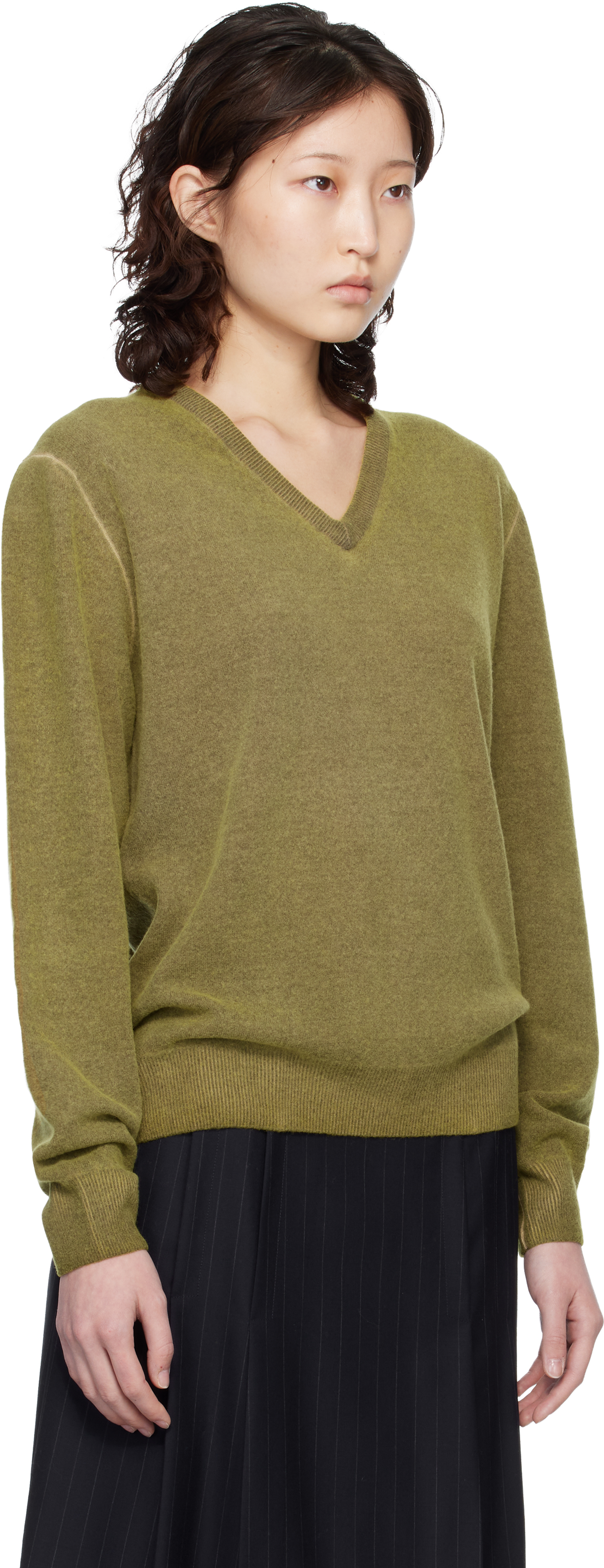 Green Virgin Wool V-Neck Sweater