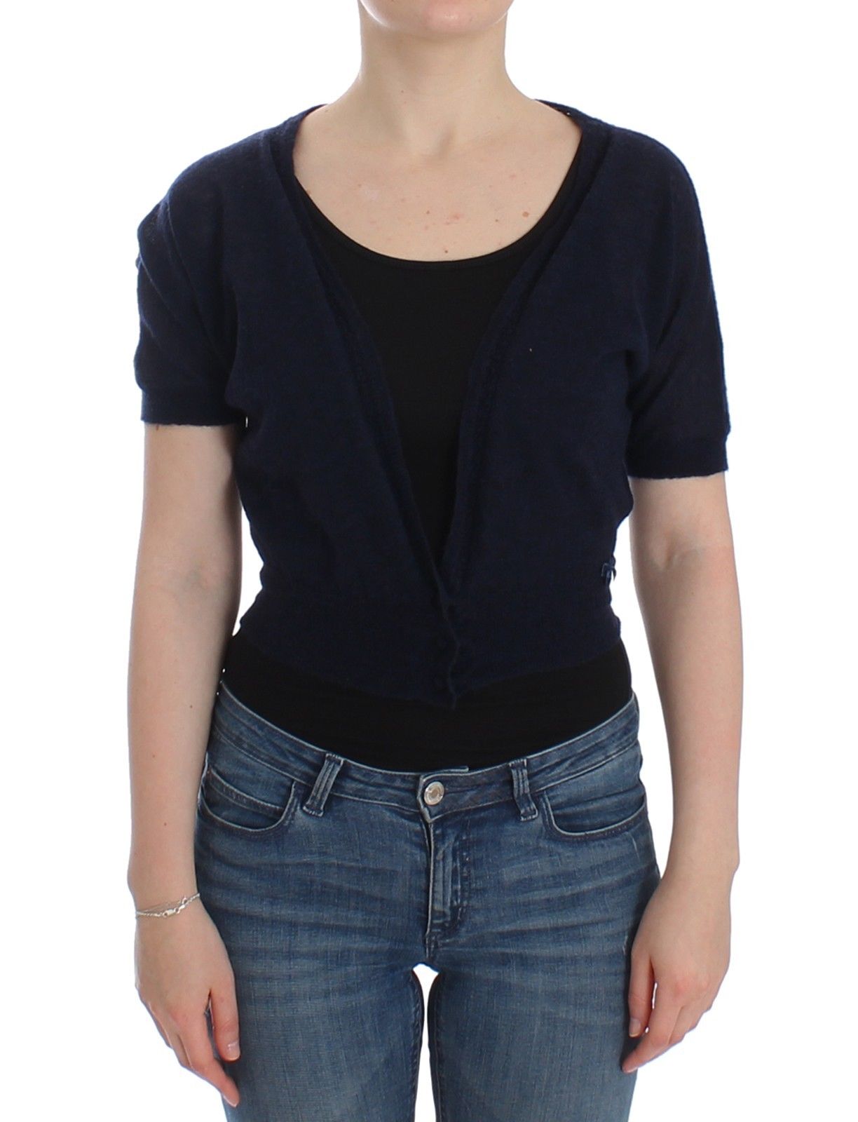 Cropped Wool Blend Cardigan — Navy