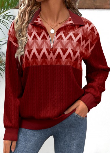 Modlily Mint Green Zipper Geometric Print Long Sleeve Sweatshirt