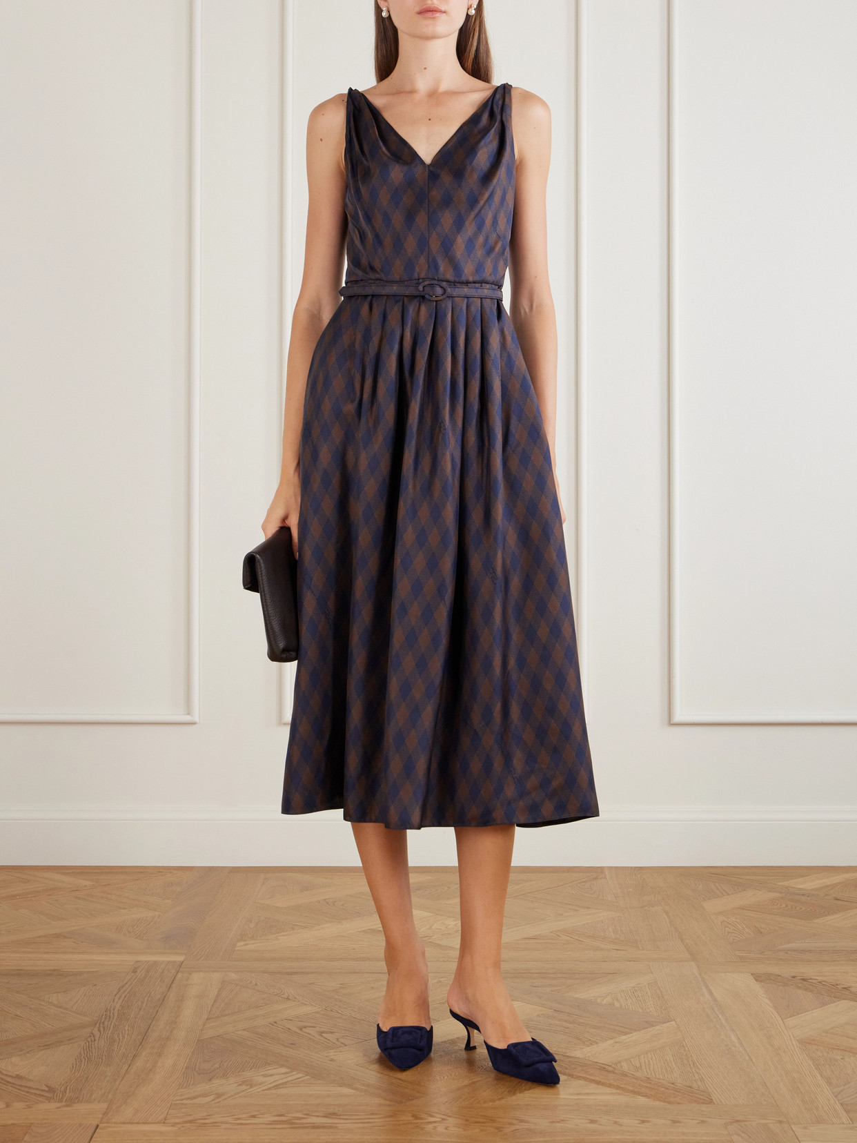 Argyle Silk-twill Midi Dress - Brown