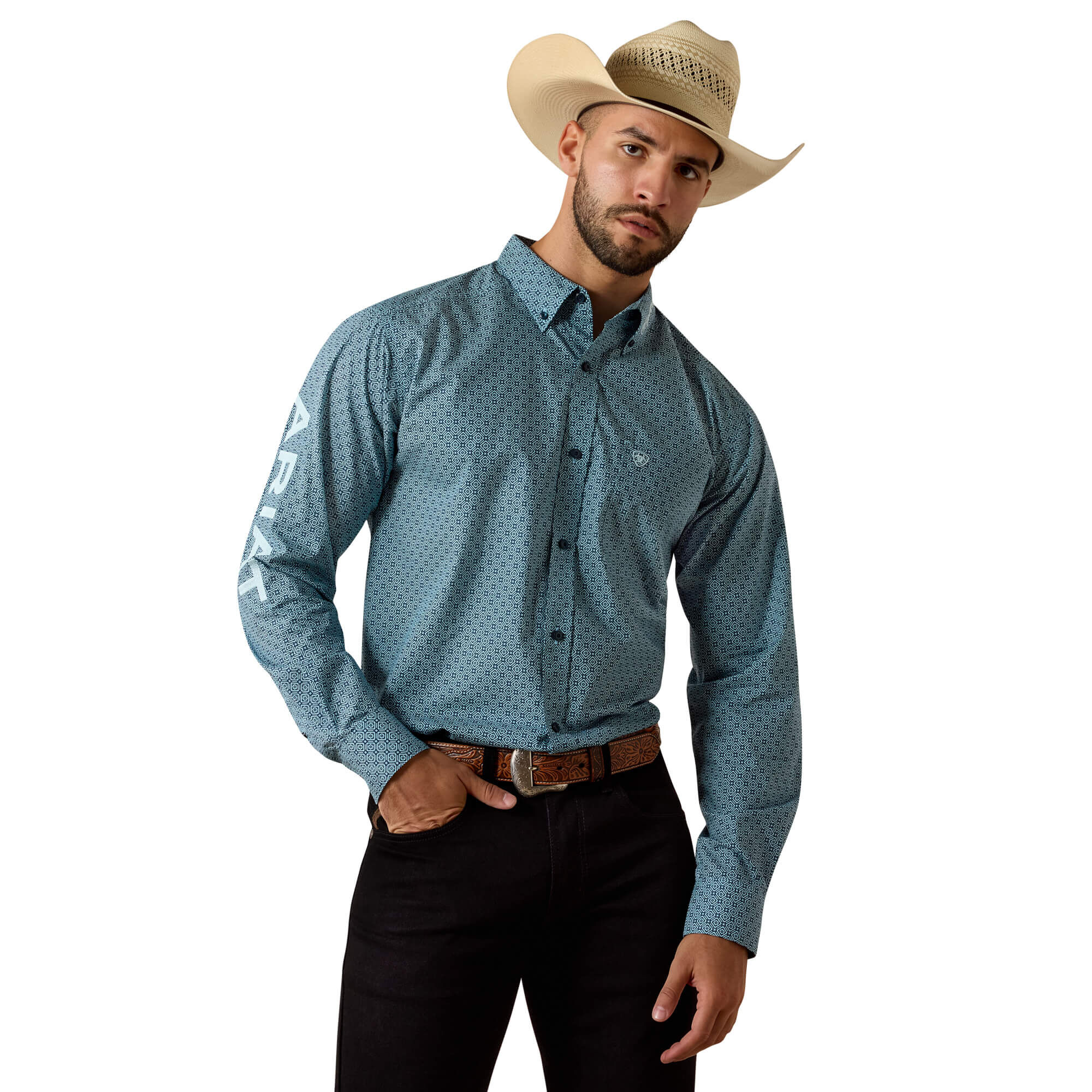Men's Team Jansen Fitted Western Shirt Long Sleeve in Navy Light Blue, Size 2X-Large, by