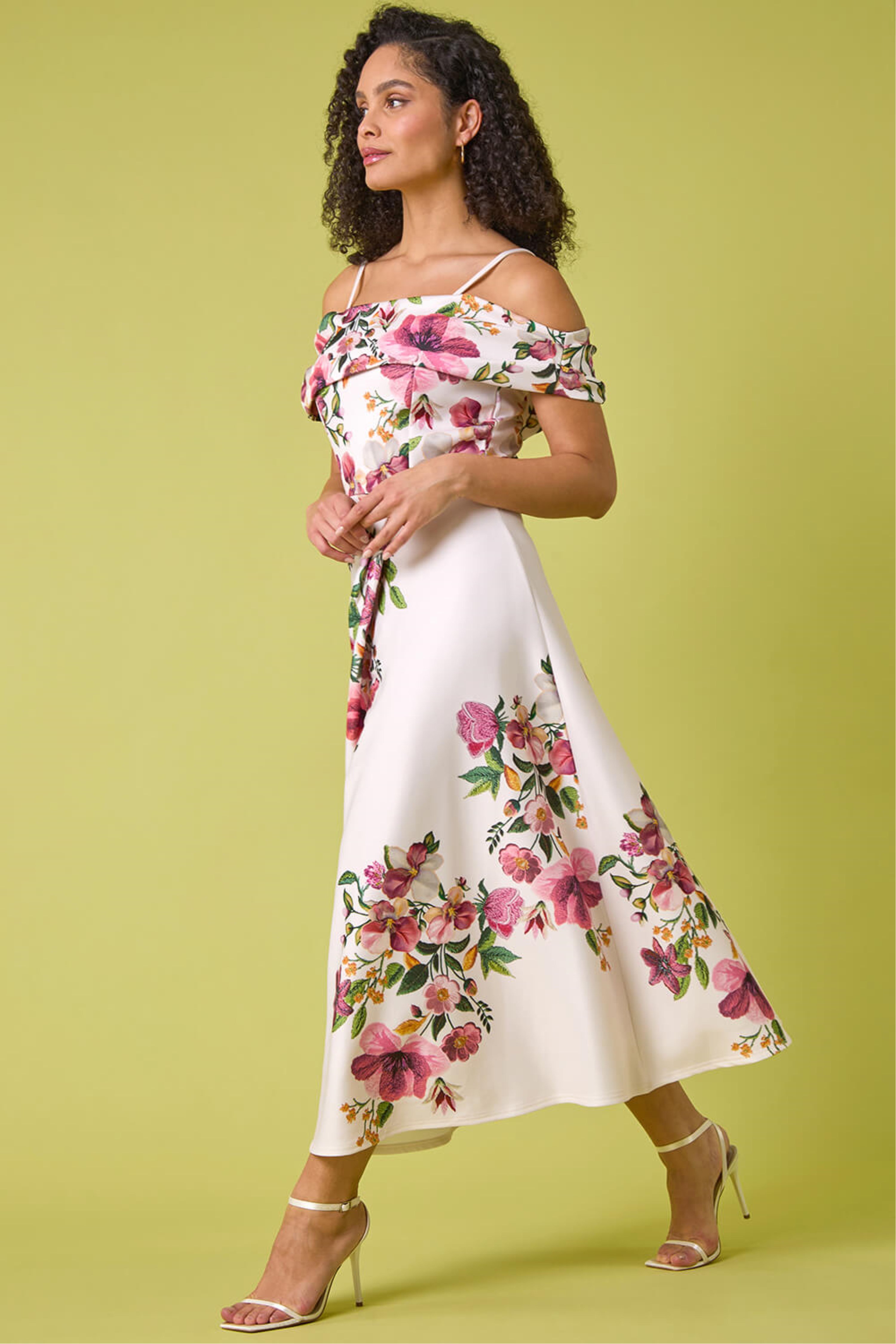 Roman Womens Floral Premium Stretch Midi Dress - Crea