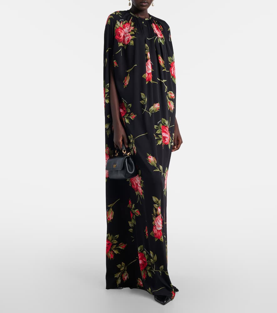 Floral caped silk-blend gown