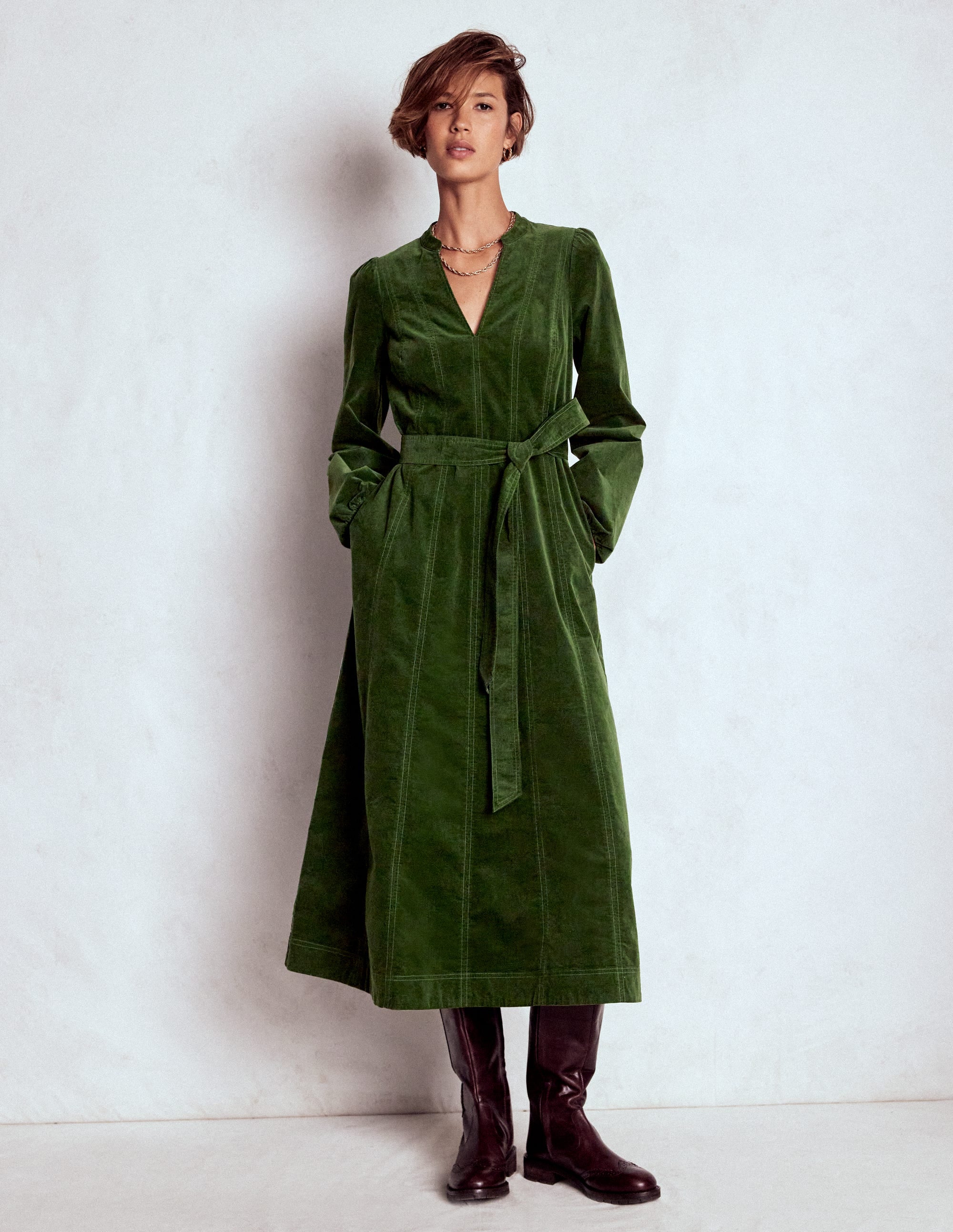 Ros Panelled Cord Midi Dress Green Fir
