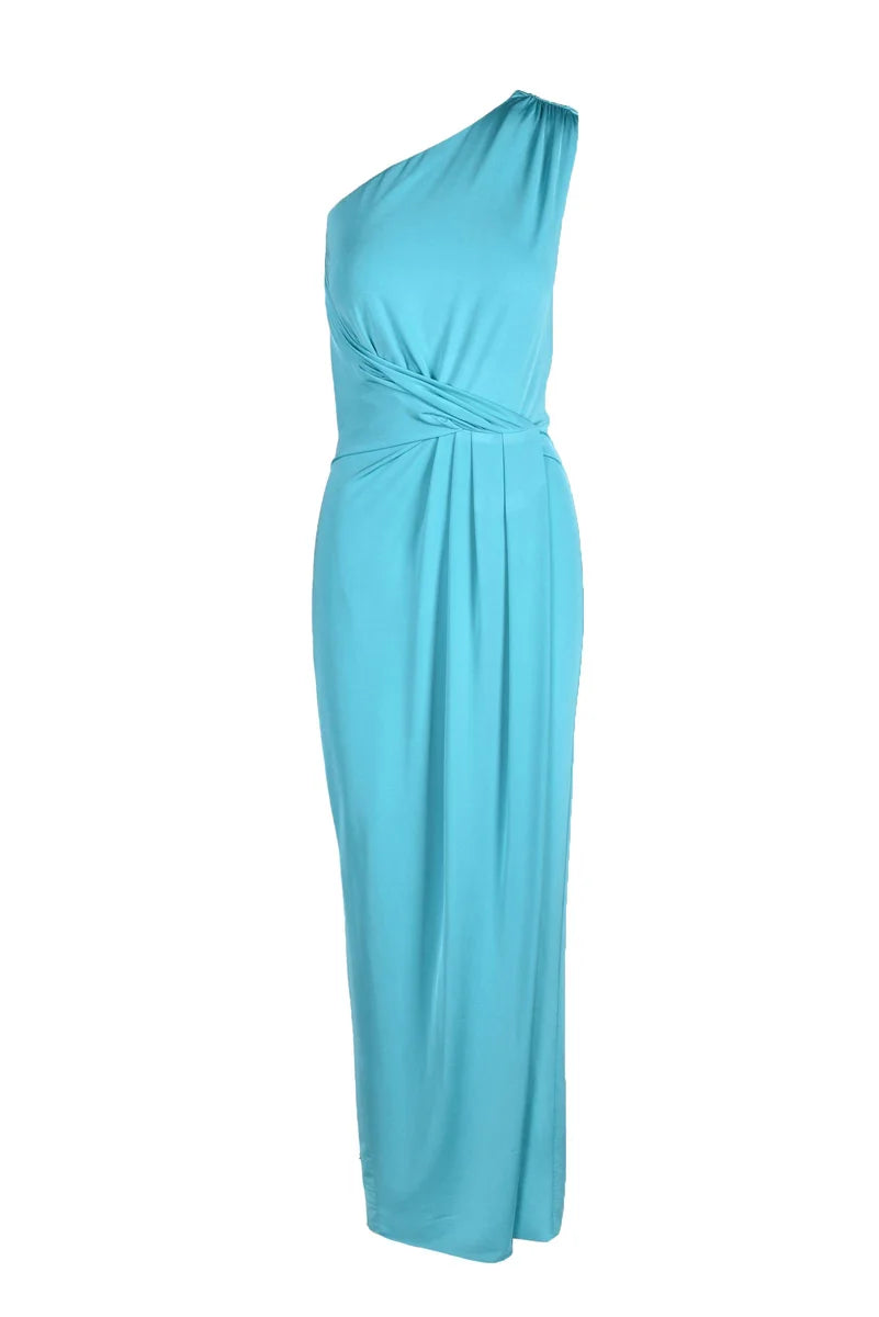 One-Shoulder Aqua Midi Dress