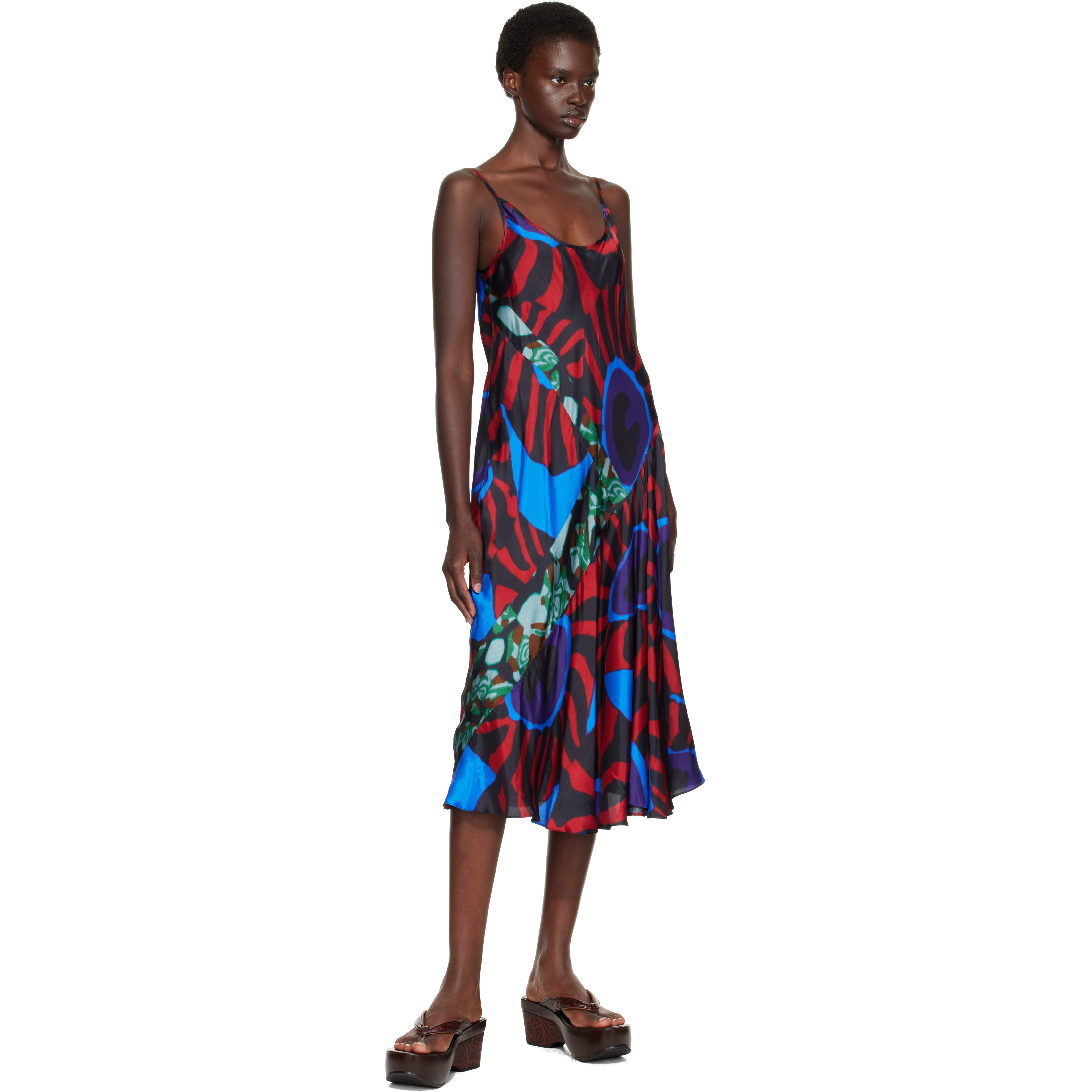 Red & Blue Printed Slip Midi Dress