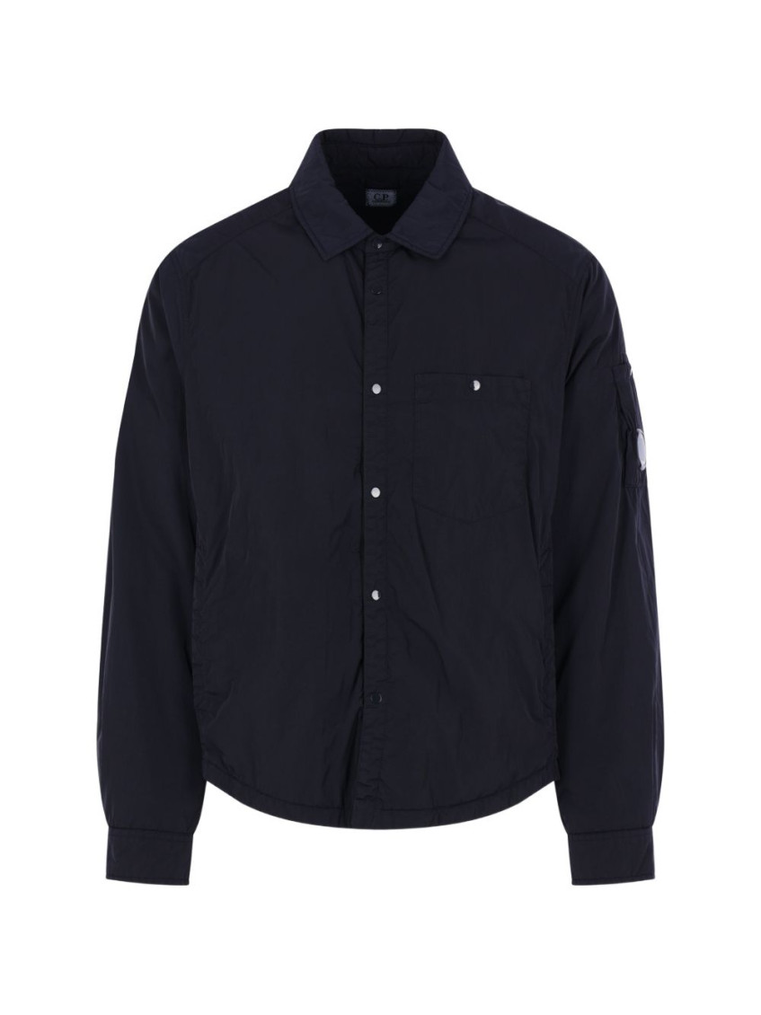 Blue Jacket With Classic Collar And Logo Plaque On The Sleeve In Tech Fabric Man