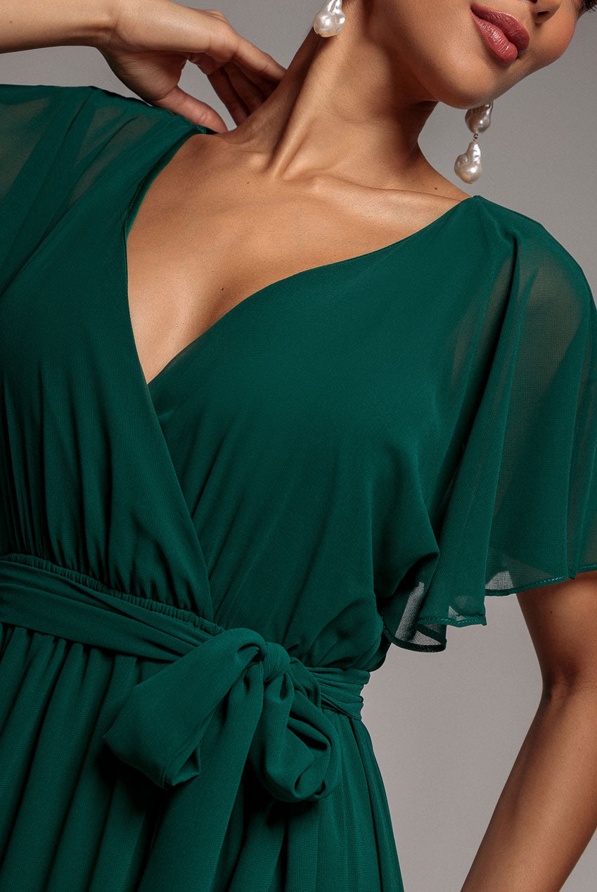Goddiva Sustainable Chiffon Flutter Sleeve Wrap Maxi Dress - Green