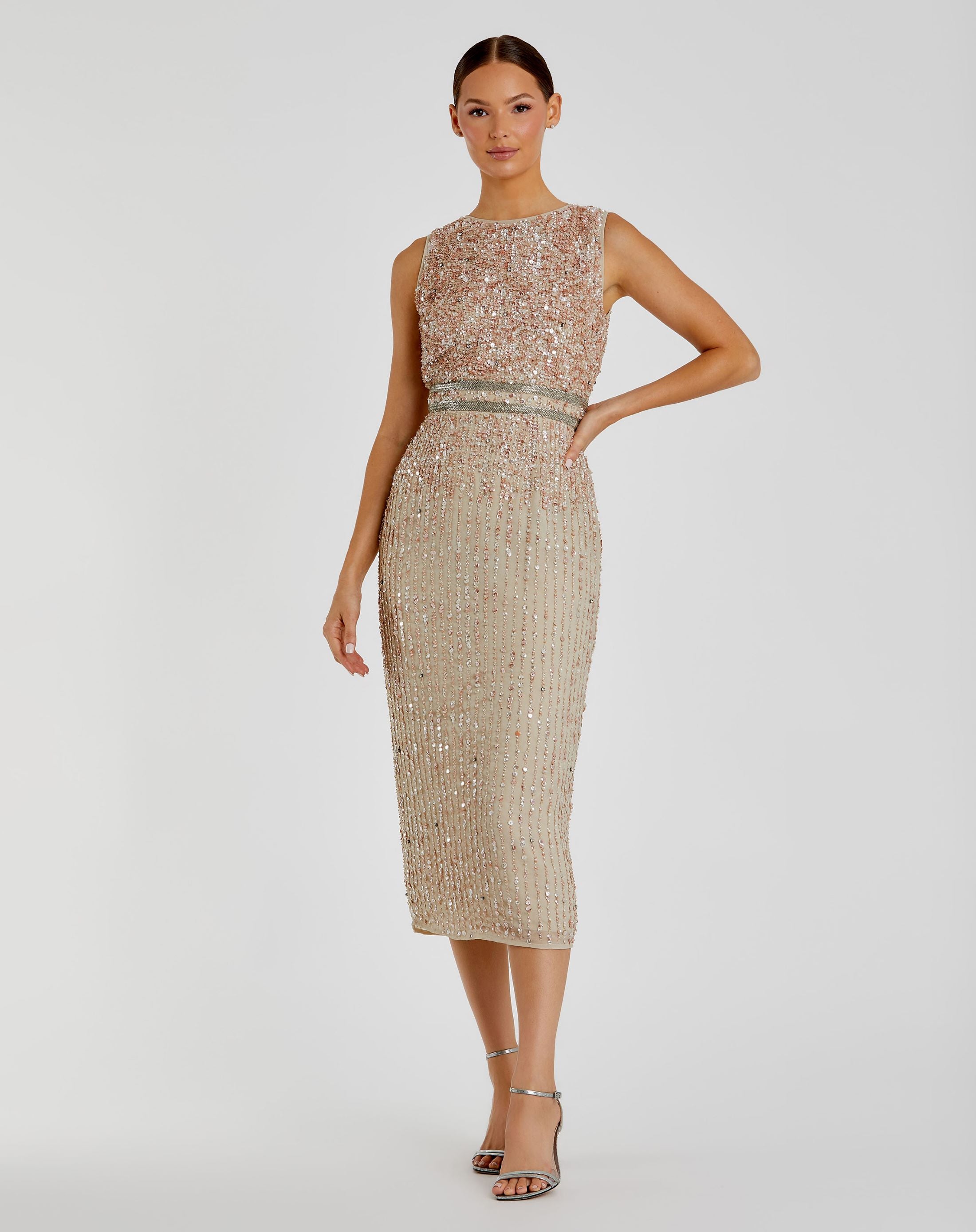 Sand Sleeveless High Neck Beaded Midi Sheath Wedding Guest Dress In