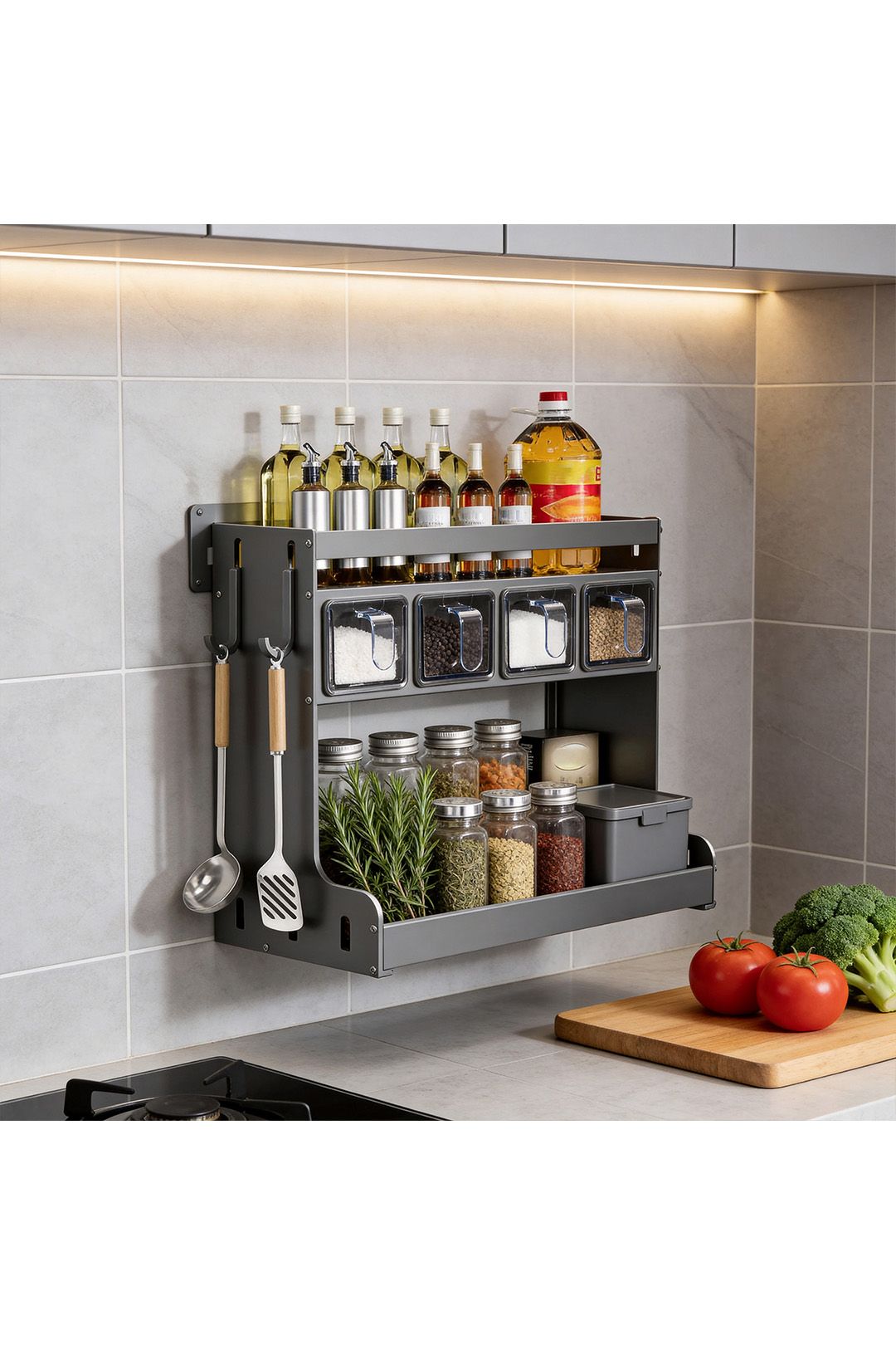 Living And Home 3-Tier Kitchen Spice Rack With 4 Seasoning Boxes In Grey