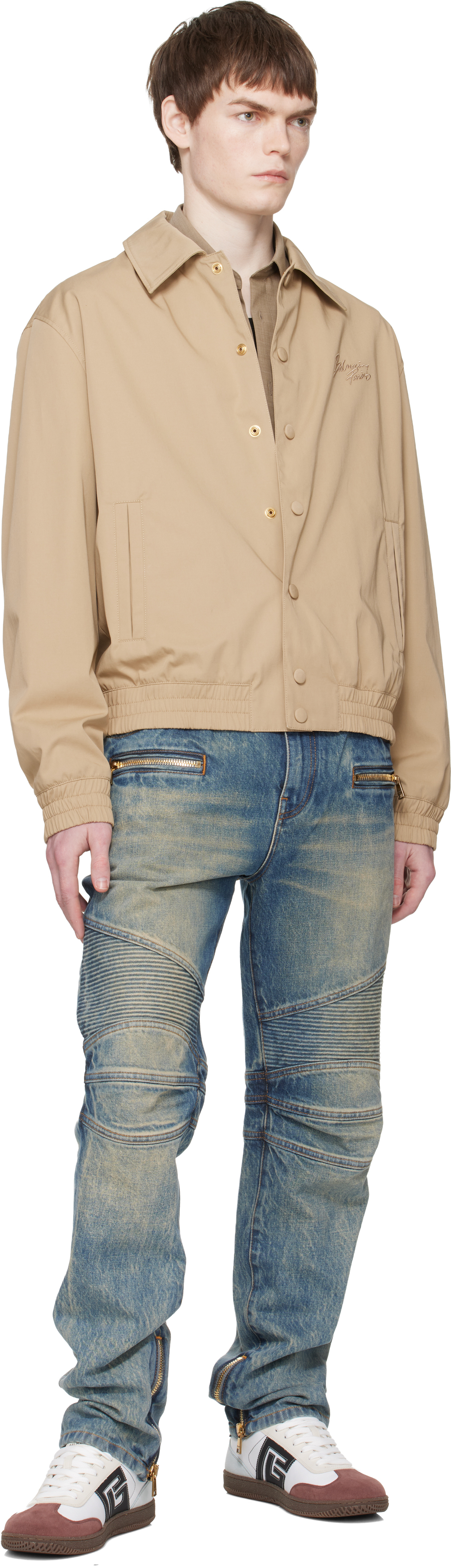 Beige Cotton Twill Bomber Jacket