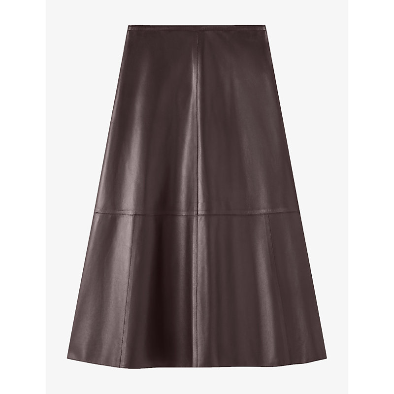 Womens Mahogany Helius A-Line Leather Midi Skirt