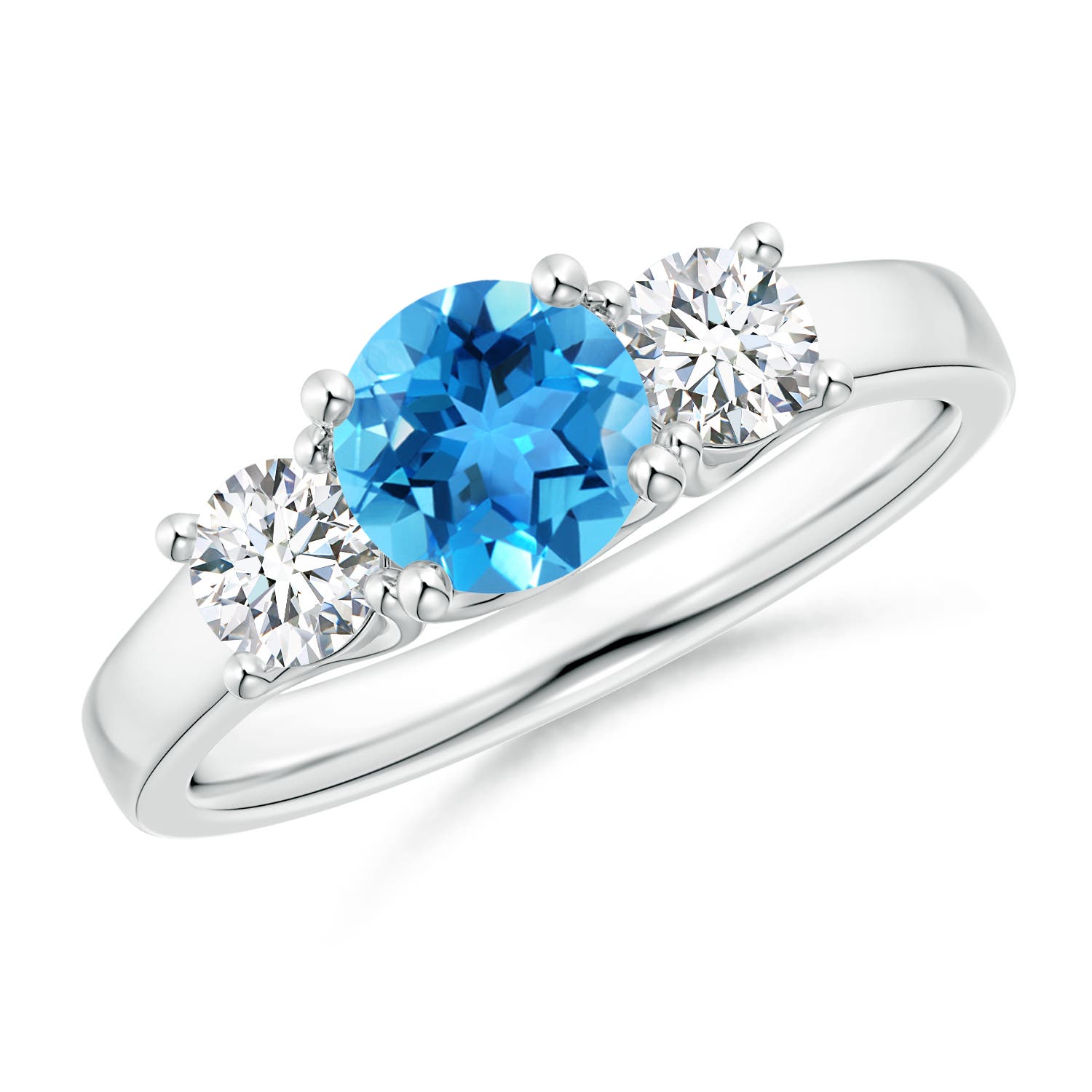 Angara 0.95 Carat Classic Round Swiss Blue Topaz and Diamond Three Stone Ring in Platinum