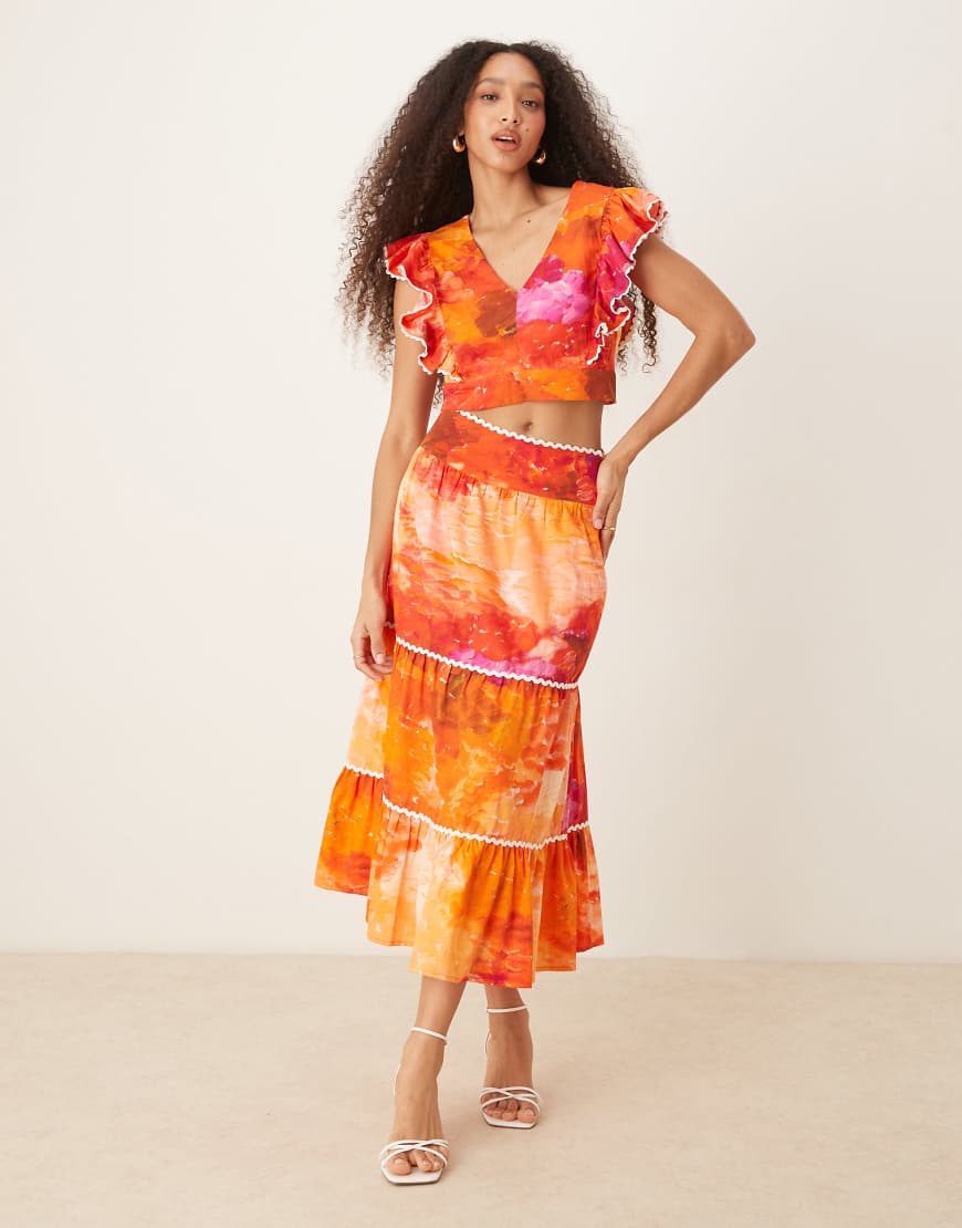 Scallop trim tiered midi skirt in orange print - part of a set
