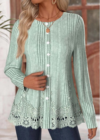Modlily Sage Green Long Sleeve Round Neck T Shirt