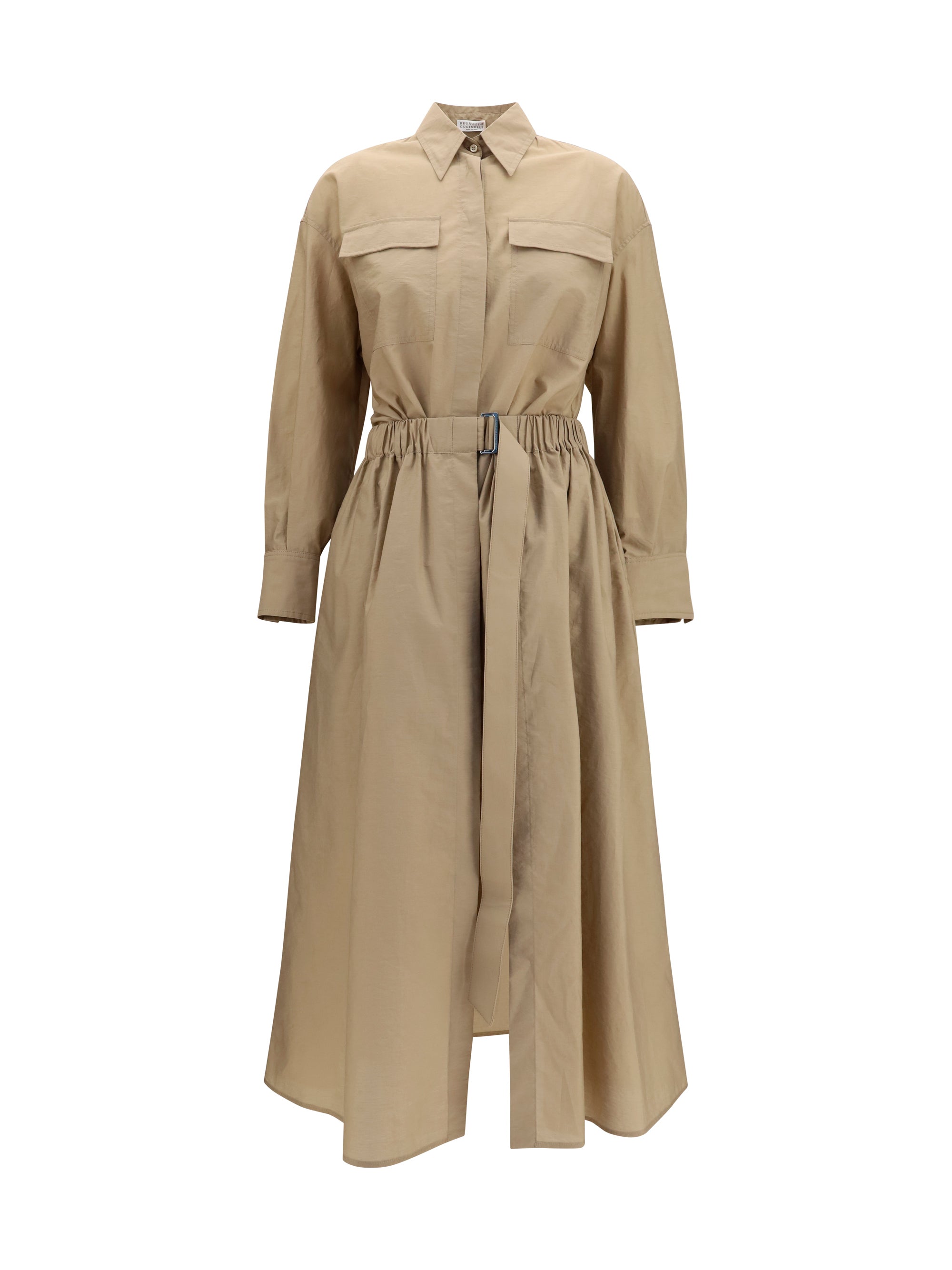 Shirt-and-Skirt Button-Front Cotton Dress — Beige