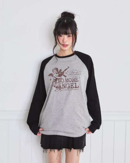 No More Angel Print Semi Oversized Long Sleeve Gray