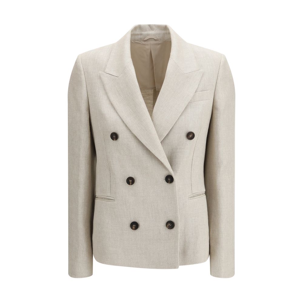 Linen Herringbone Double-Breasted Blazer — Beige