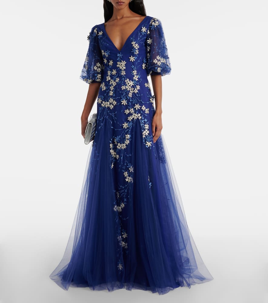 Floral-appliqué tulle gown