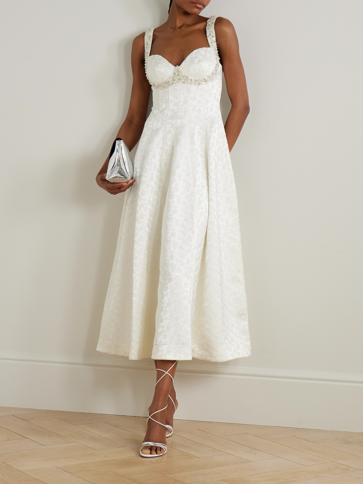 Charlotte Embellished Pleated Satin-jacquard Midi Dress - White