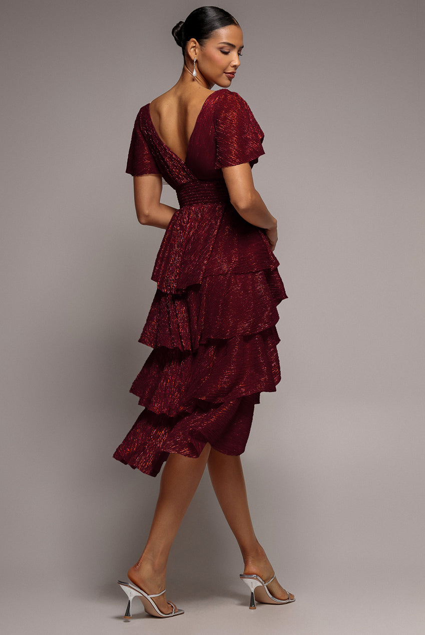 Goddiva Crinkle Lurex High Low Layered Midi Dress - Wine