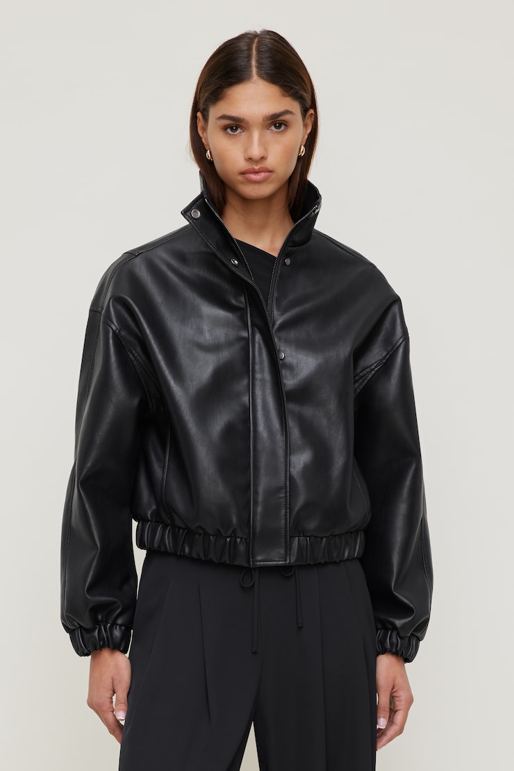 Oversized Faux Leather Bomber Jacket - Black - Women Clothing