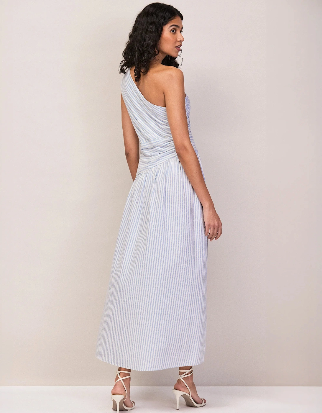 RO&ZO Women's Petite Blue And White Stripe Cotton One Shoulder Dre