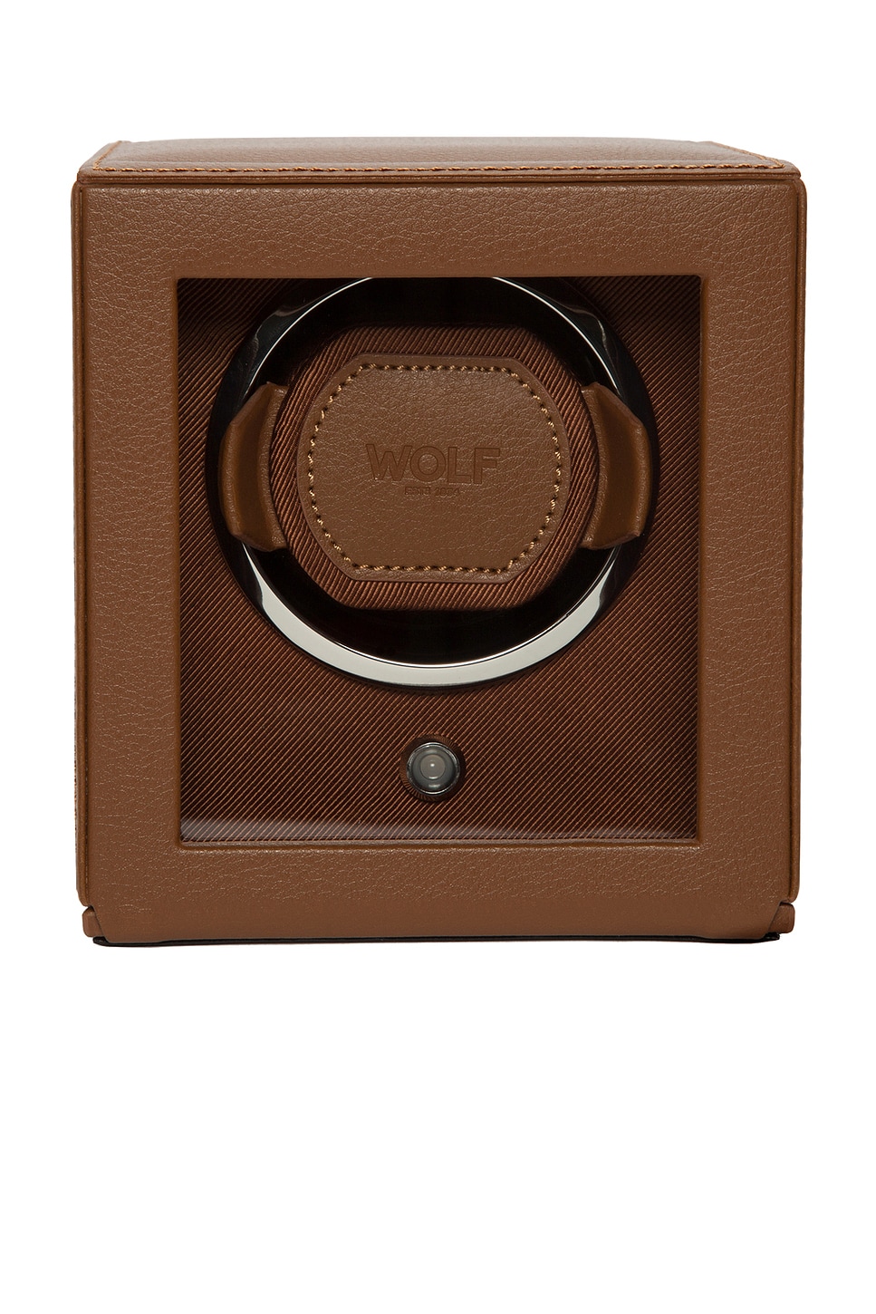 WOLF Cub Single Watch Winder with Cover in Cognac - Brown. a