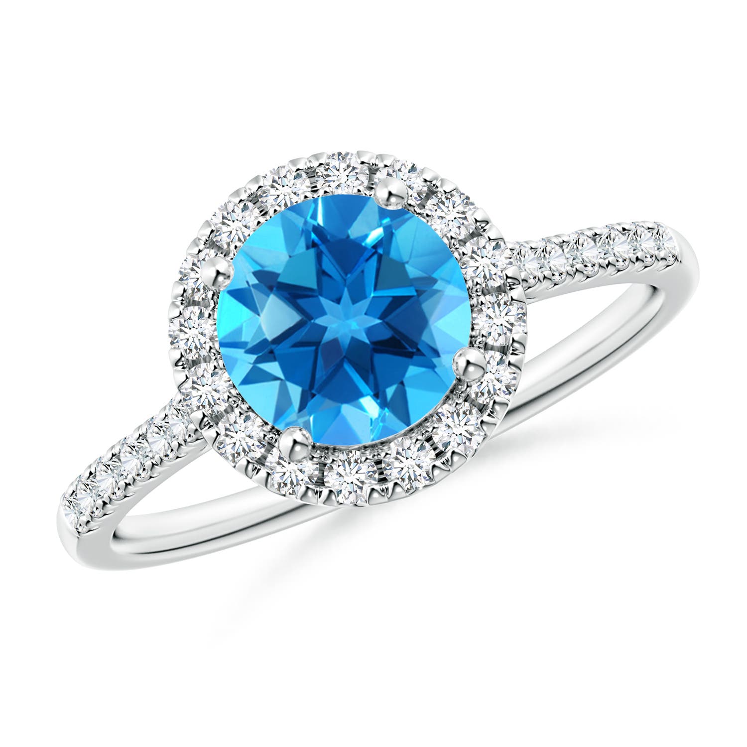Angara 1.55 Carats Round Swiss Blue Topaz Halo Ring with Diamond Accents in Platinum
