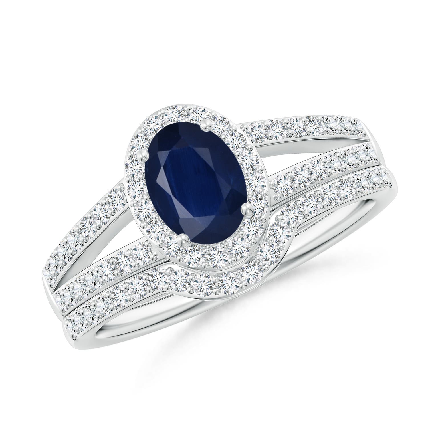 Angara 0.85 Carat Sapphire and Diamond Split Shank Bridal Set in Platinum