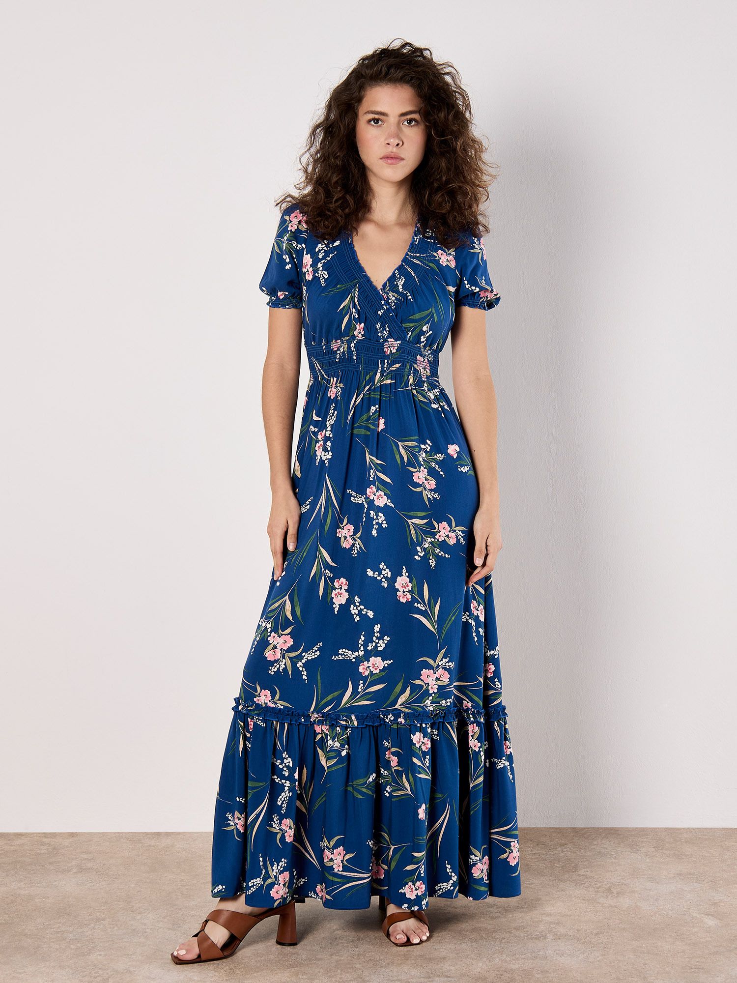 Apricot Watercolour Floral Smocked Maxi Dress In Blue