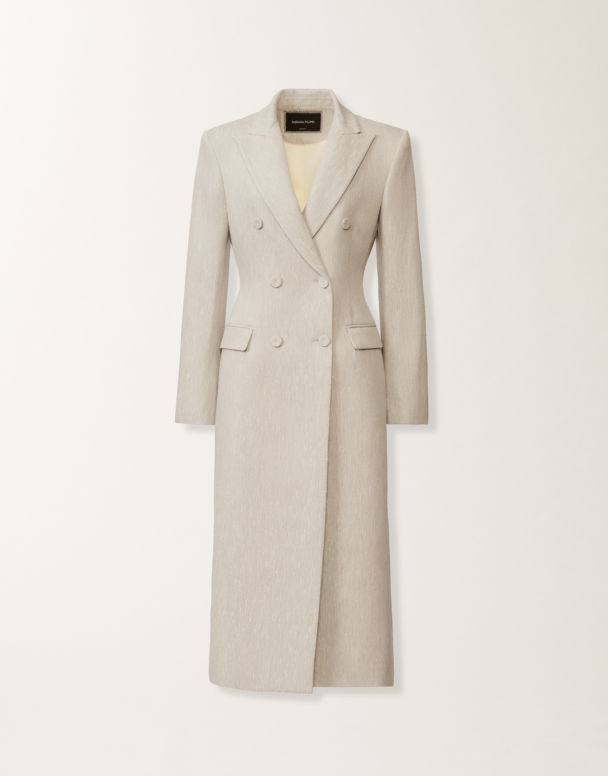 Tailored redingote in ice fil coupé drop pattern
