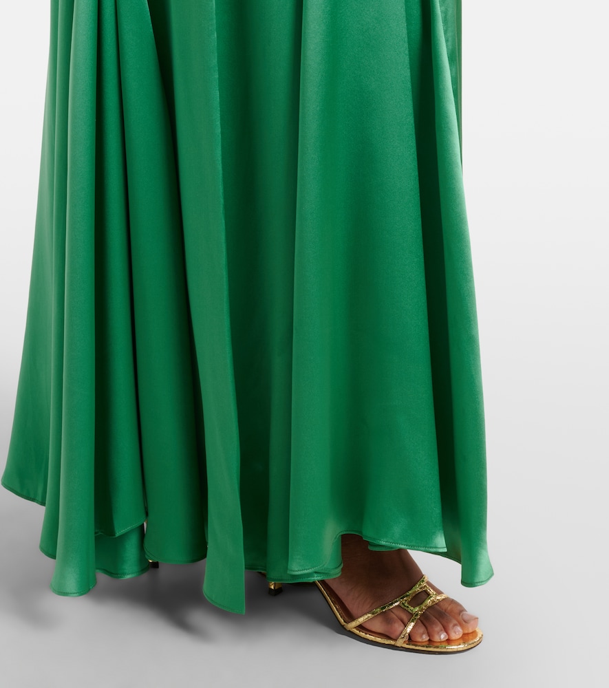 Embroidered pleated silk satin gown