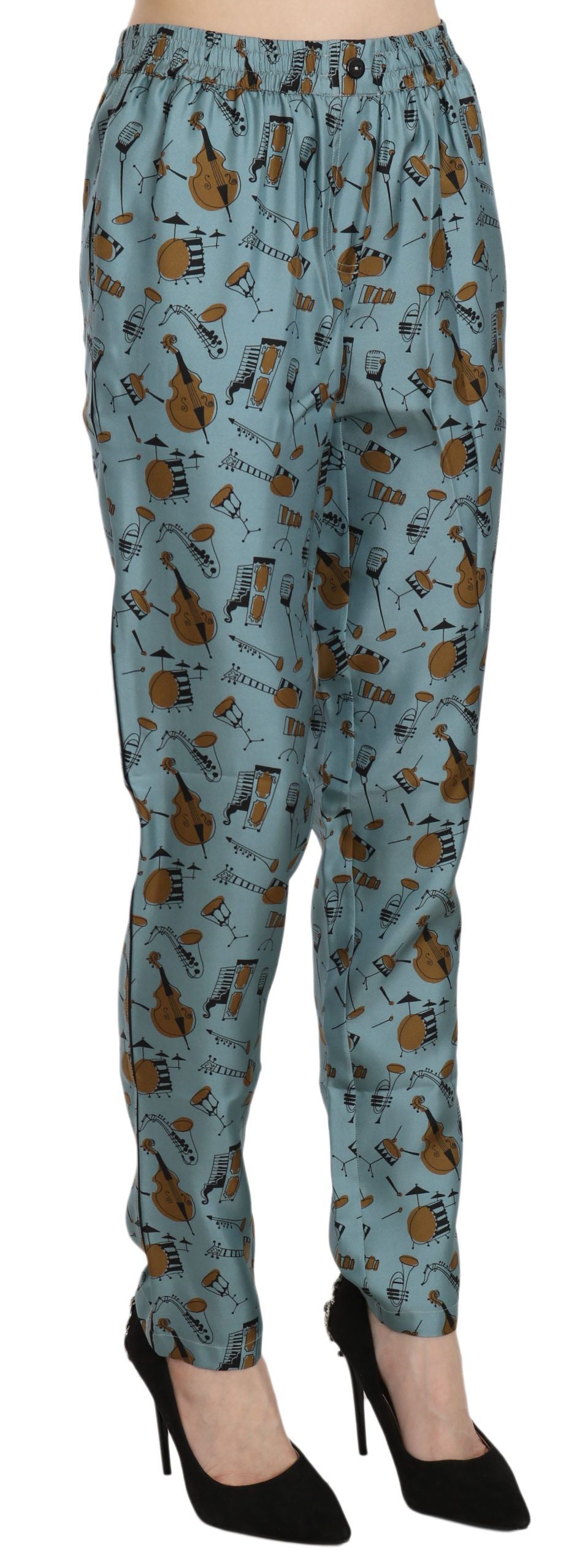 Musical Instruments Print Silk Trousers — Blue