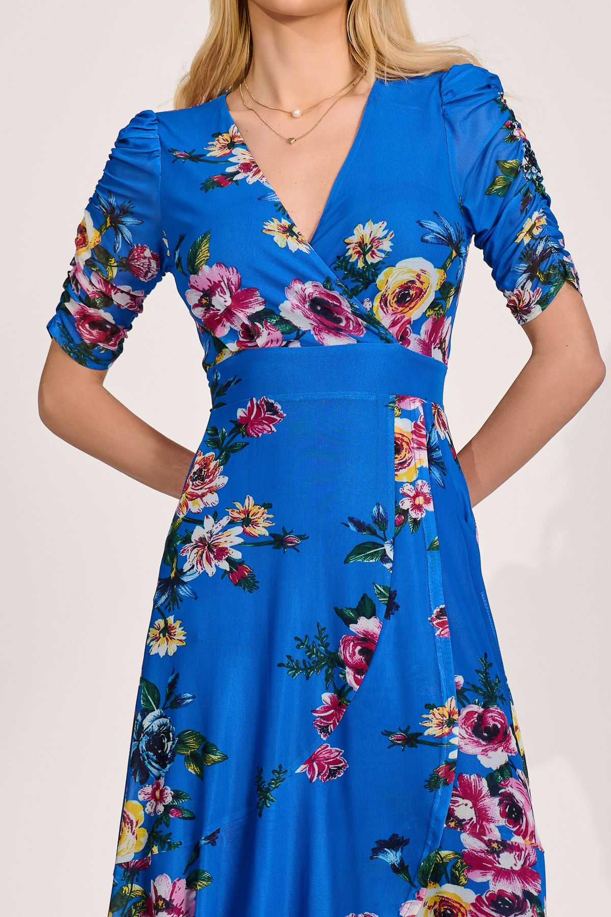 Jolie Moi Women's Ruched Sleeve Mesh Maxi Dress in Blue