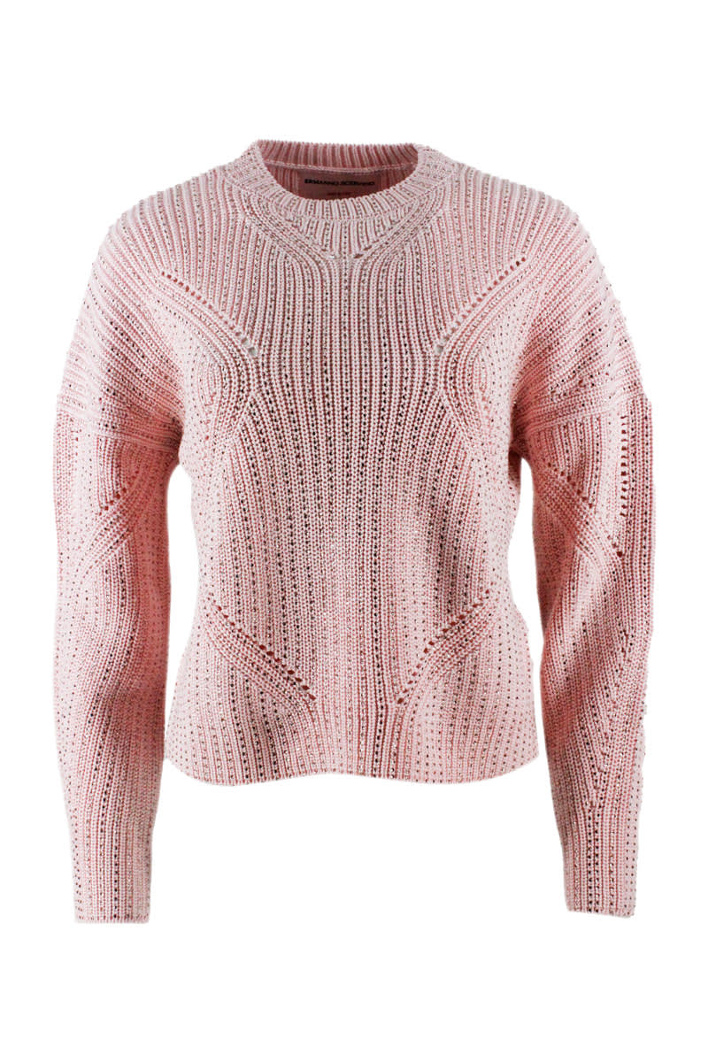 Long-sleeved Crew Neck Sweater In Cotton With Crystals
