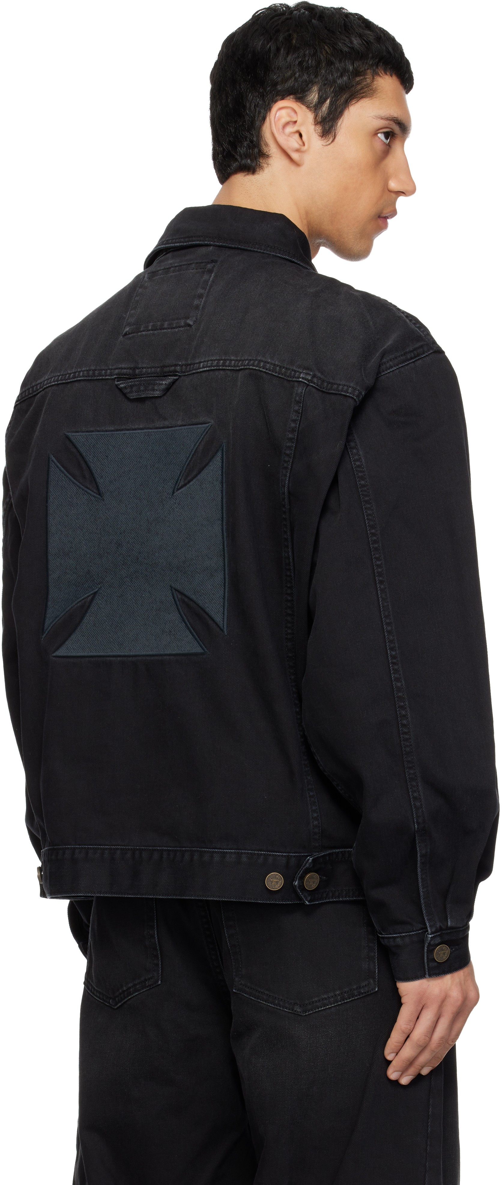 Black Appliqué Biker Crosses Zip Denim Jacket