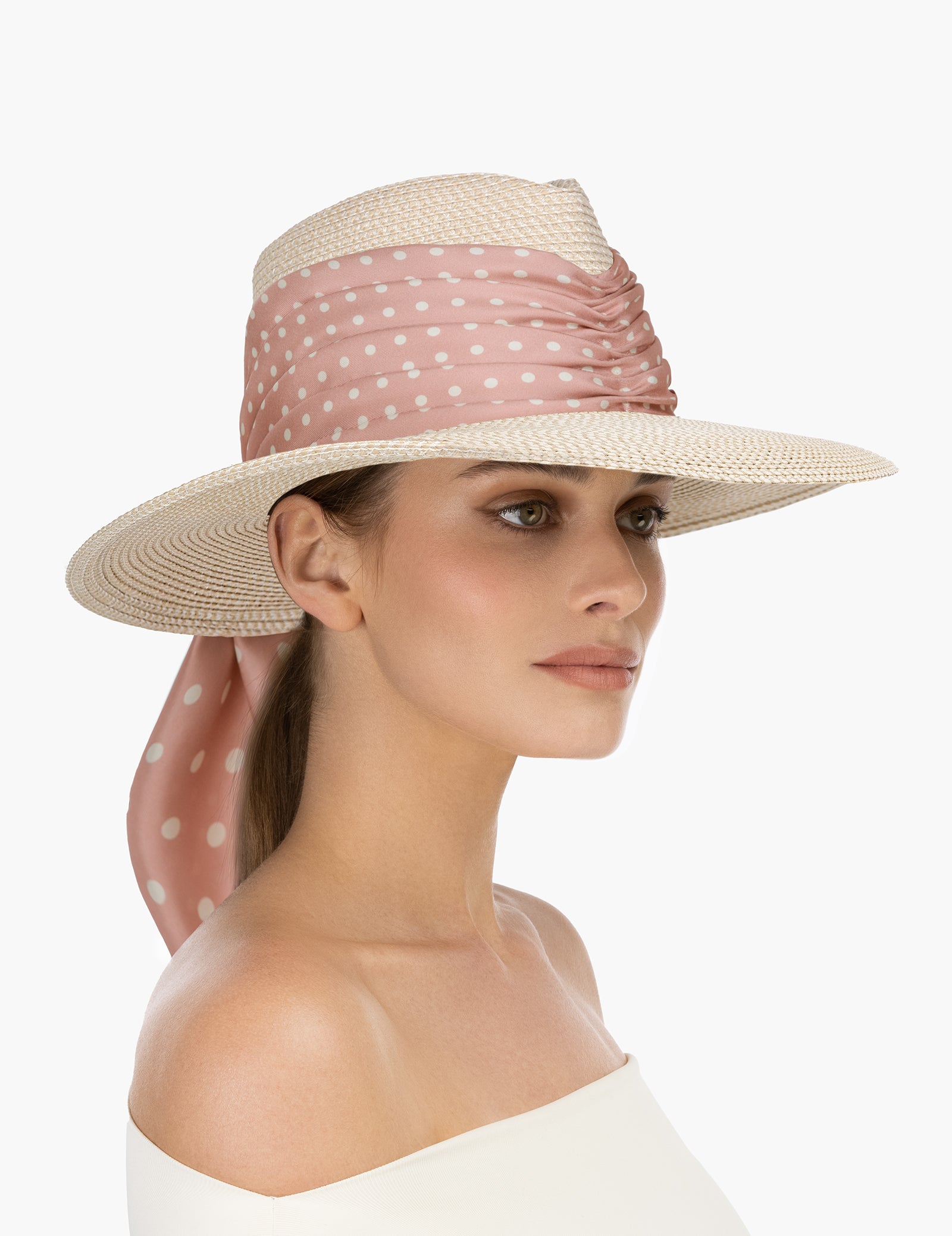 Travel Fedoras with Silk Scarf, Cream/Black Dot, Travel size