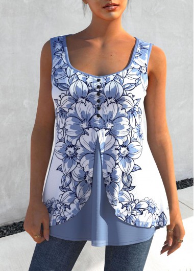 Modlily Dusty Blue Faux Two Piece Floral Print Tank Top